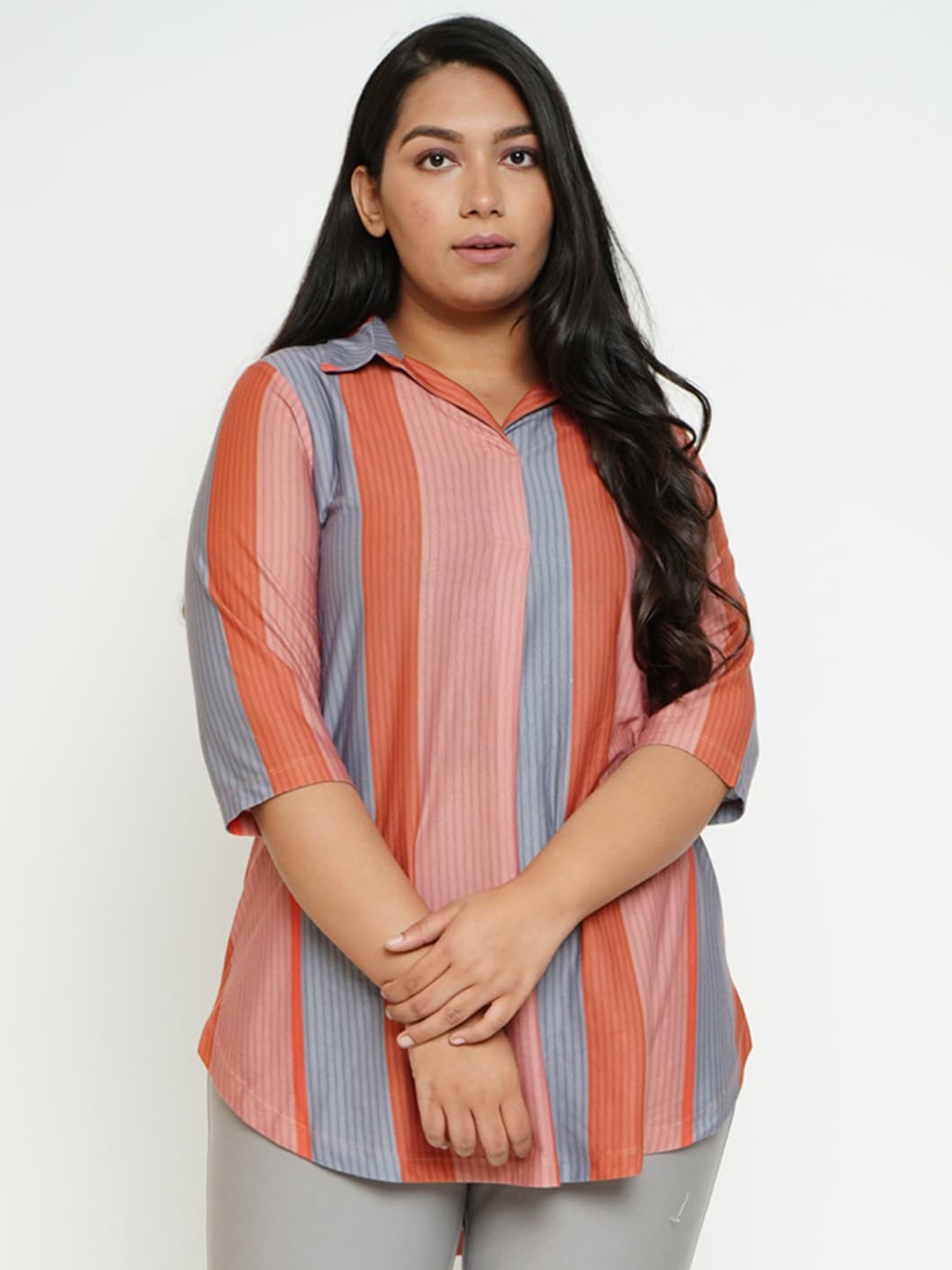 

Amydus Plus Size Vertical Stripes Shirt Style Top, Pink