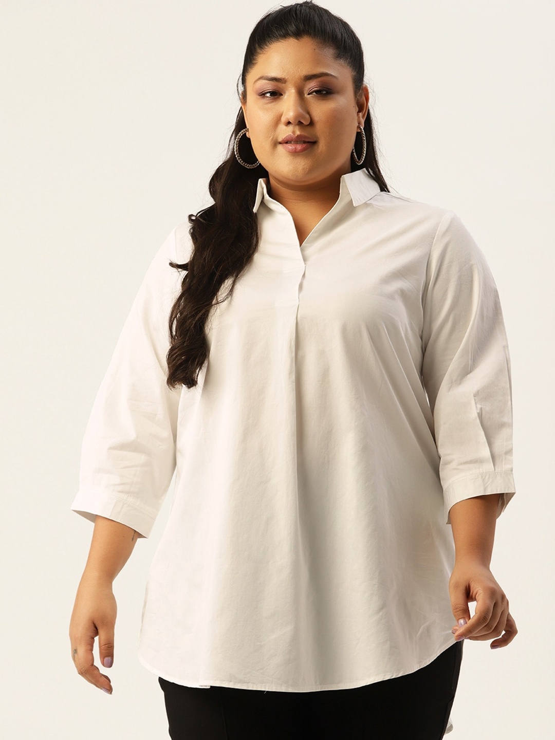 

Amydus Plus Size Shirt Collar Satin Shirt Style Top, White