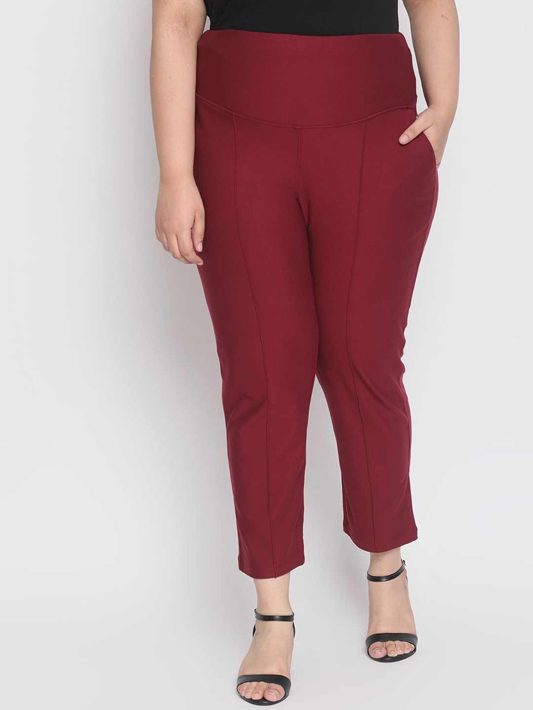 

Amydus Women Plus Size Straight Fit High-Rise Trousers, Maroon
