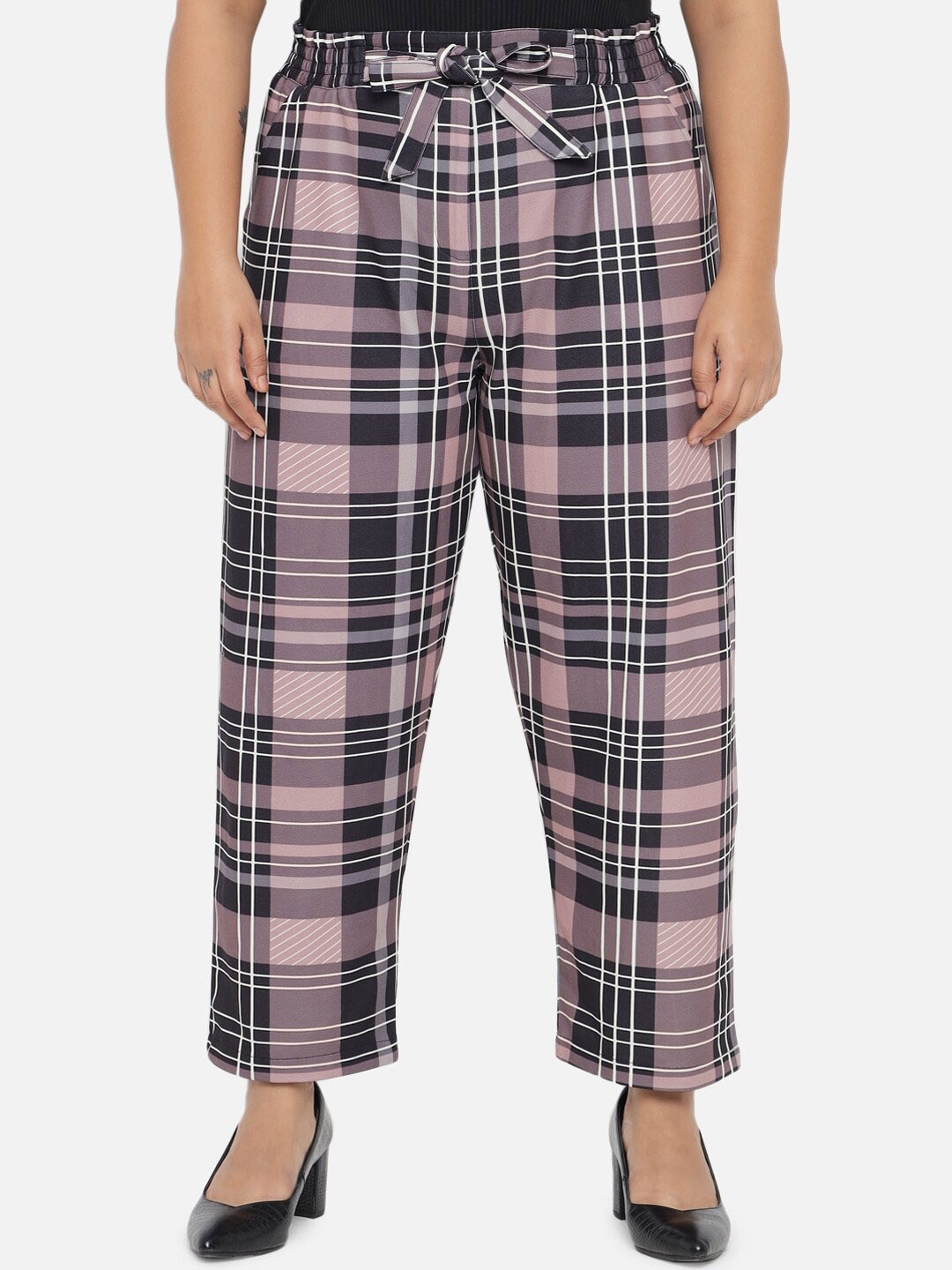 

Amydus Women Plus Size Checked Straight Fit High-Rise Trousers, Pink