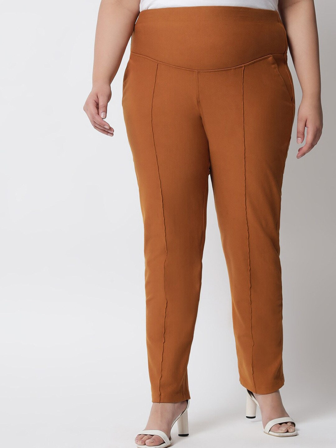 

Amydus Women Tan Straight Fit High-Rise Pleated Trousers