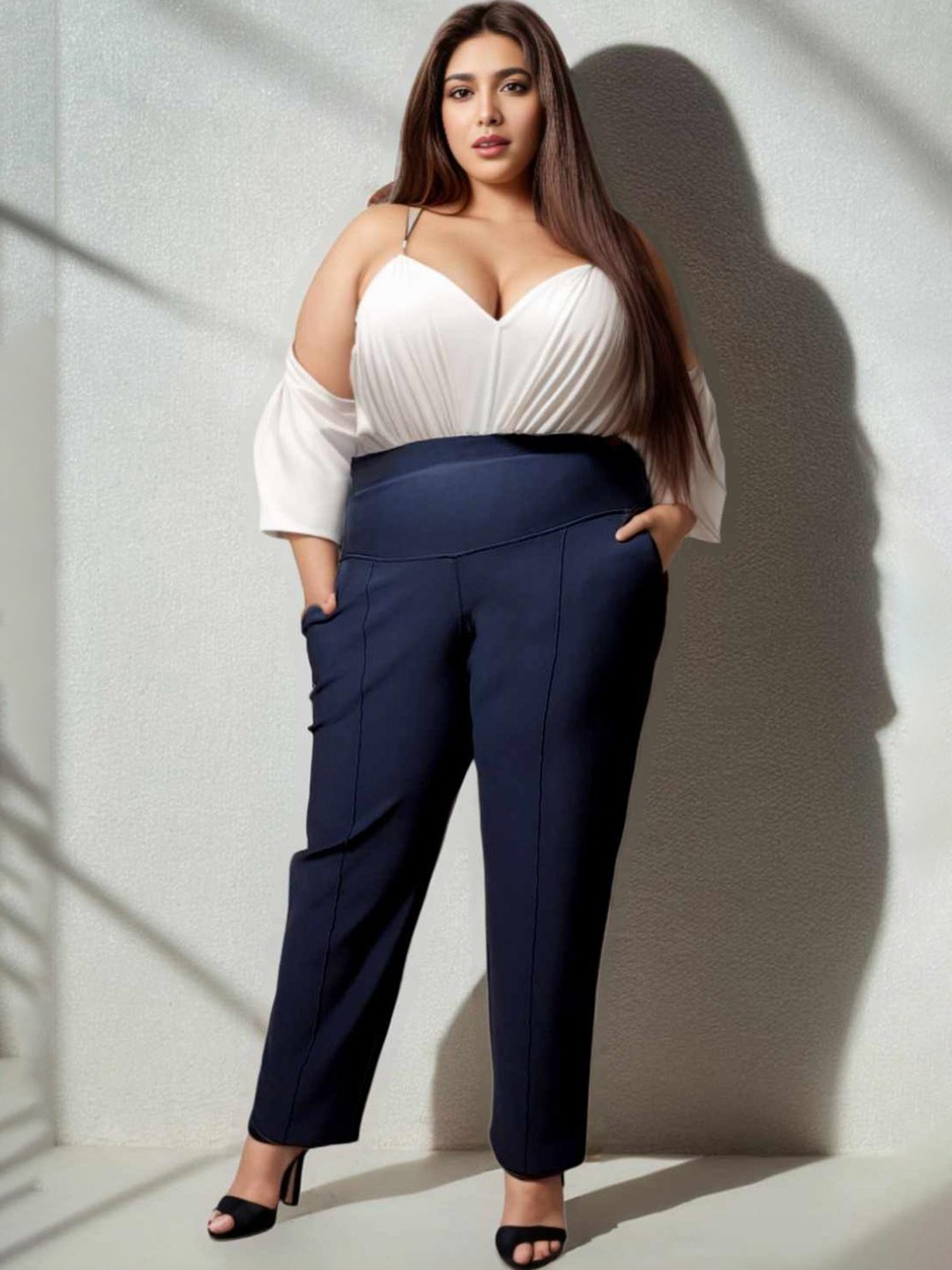 Amydus Women Plus Size Straight Fit High-Rise Trousers, Navy blue