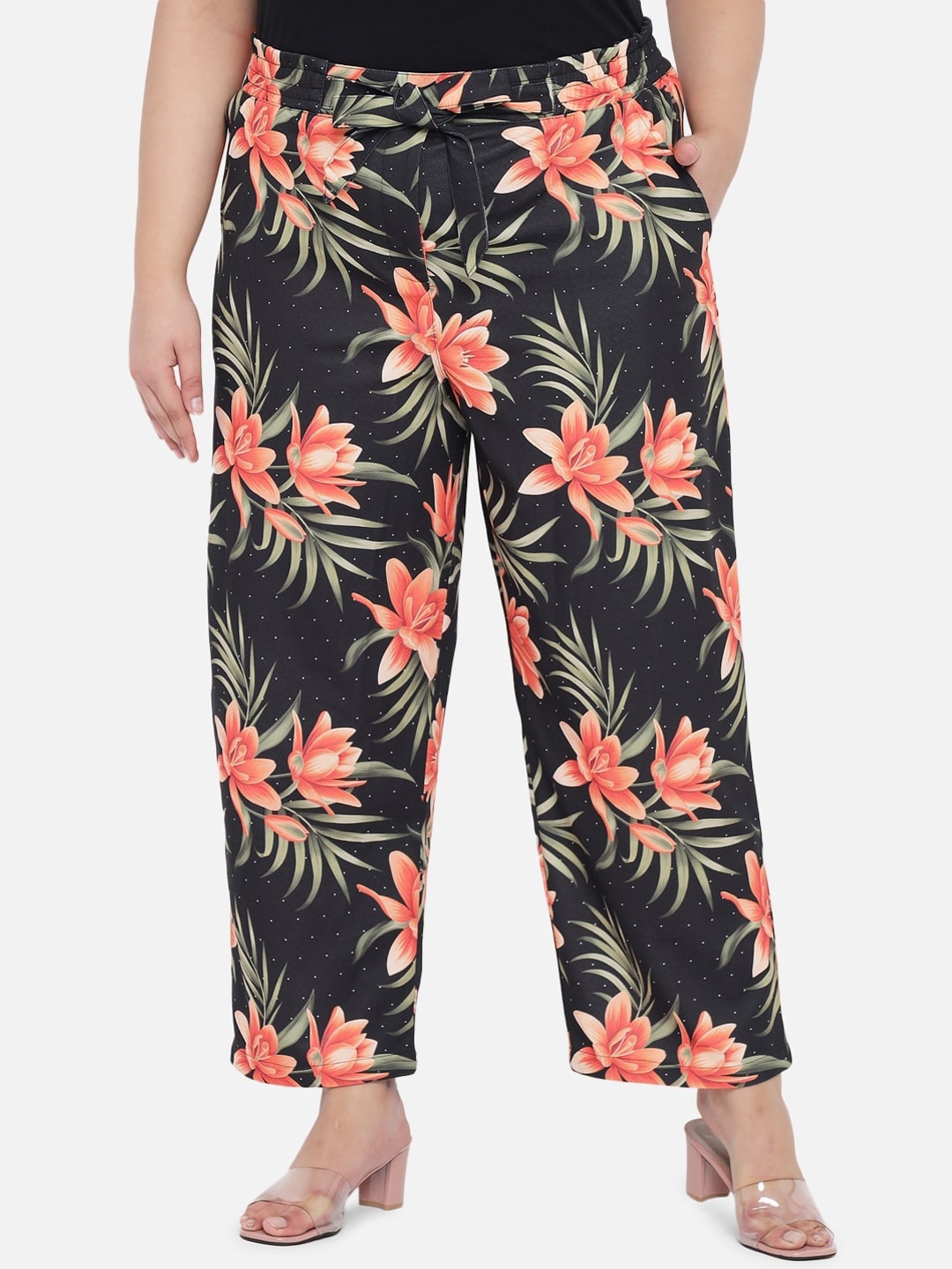 

Amydus Women Plus Size Floral Printed Straight Fit High-Rise Trousers, Black