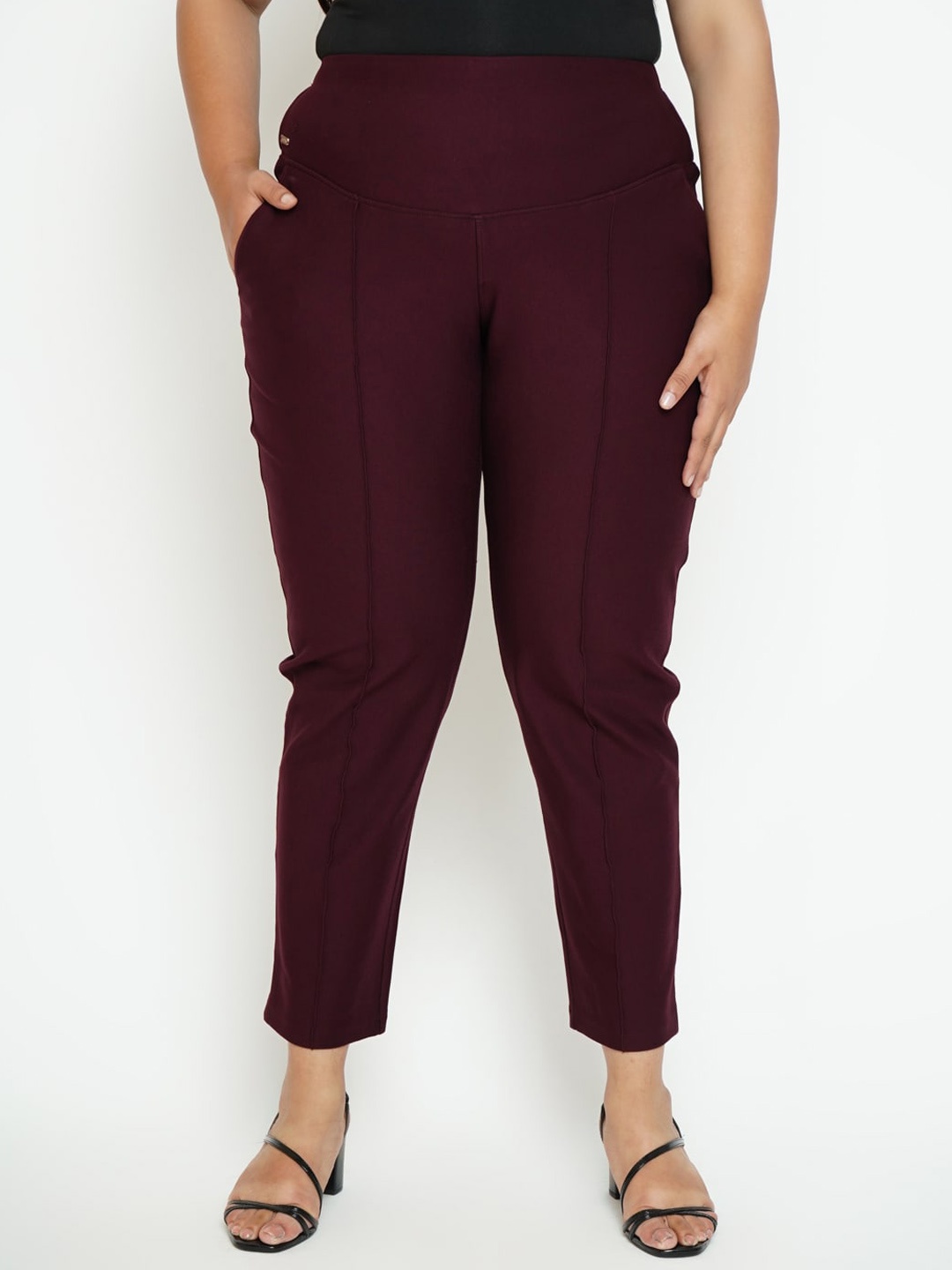 

Amydus Women Plus Size Straight Fit High-Rise Trousers, Maroon