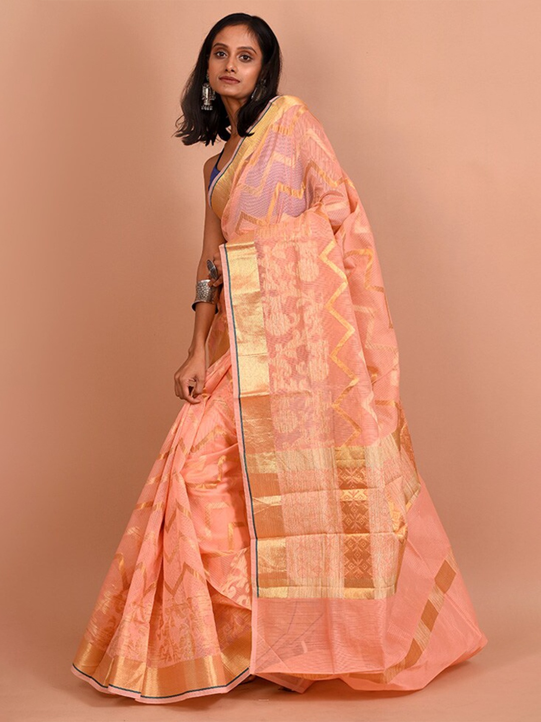 

AllSilks Chevron Woven Design Zari Pure Silk Saree, Peach