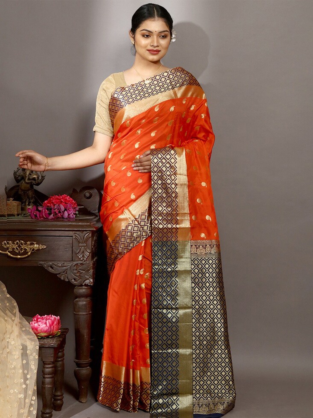 

AllSilks Paisley Woven Design Zari Pure Silk Kanjeevaram Saree, Orange