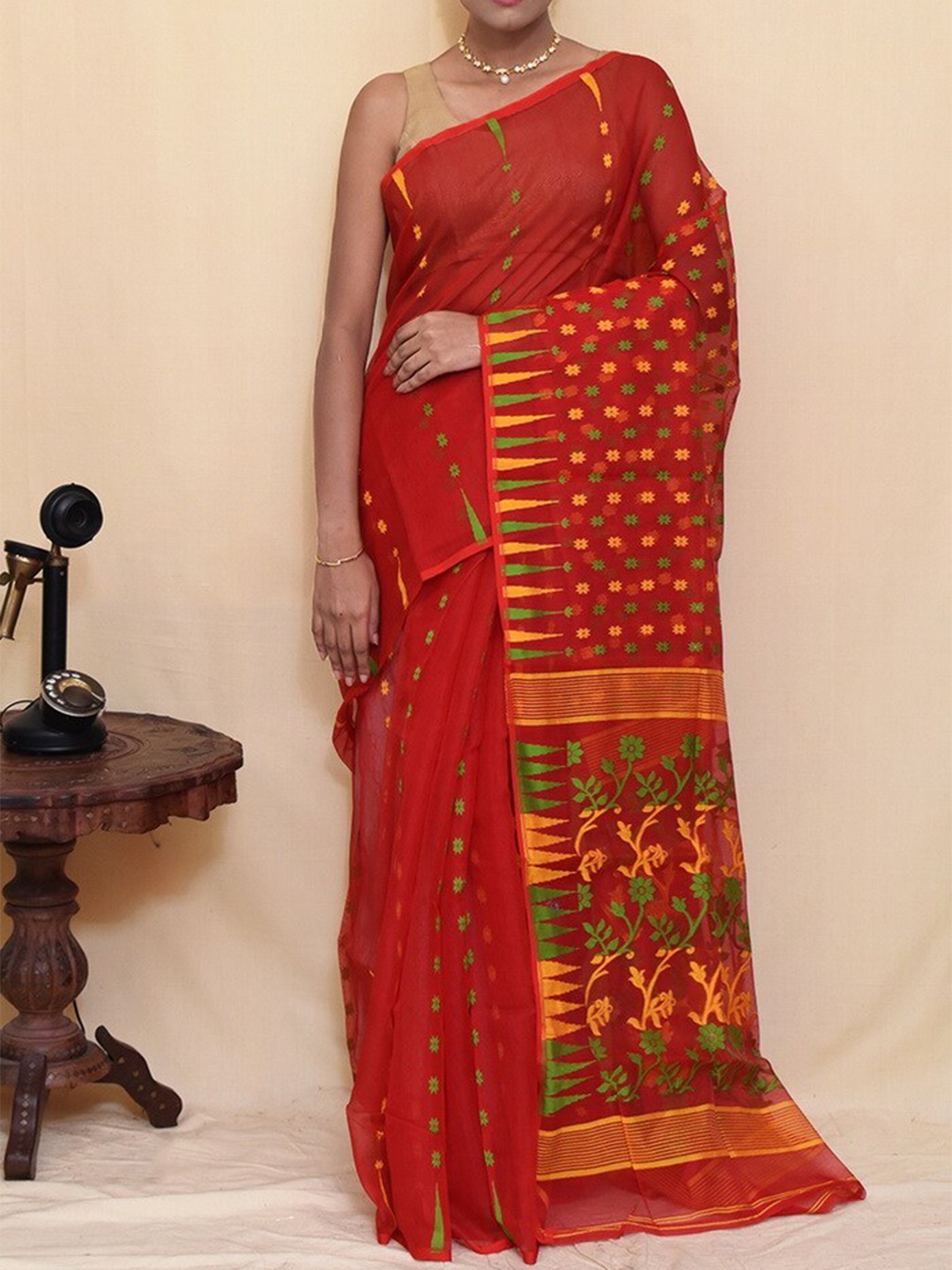 

AllSilks Woven Design Pure Silk Taant Saree, Red