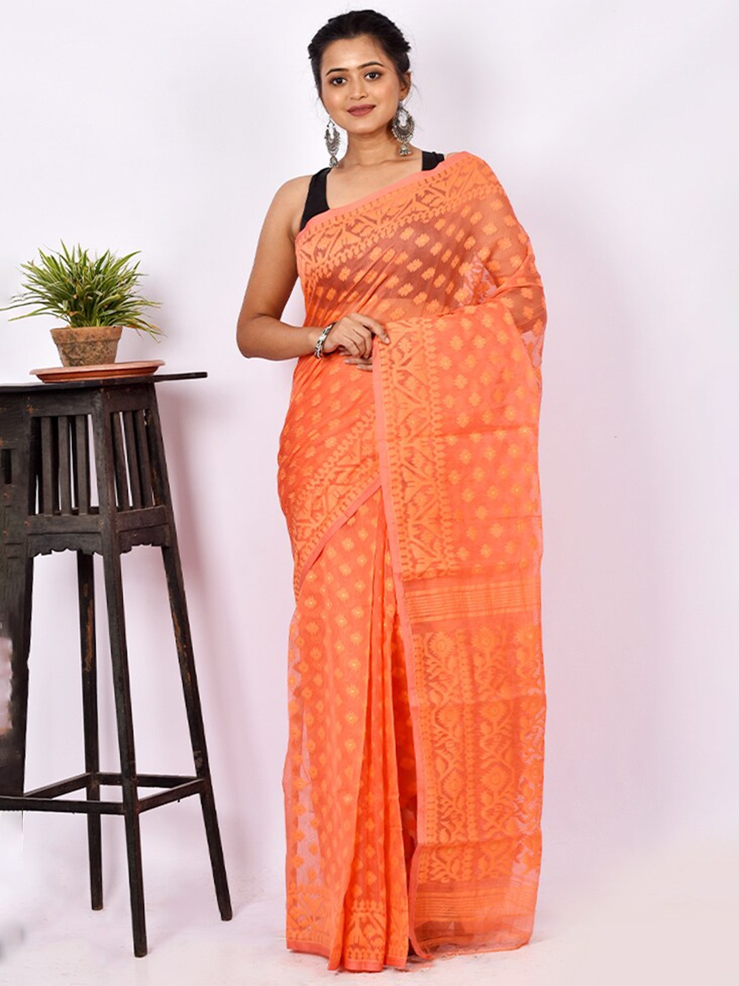

AllSilks Rust Woven Design Pure Silk Taant Saree, Peach