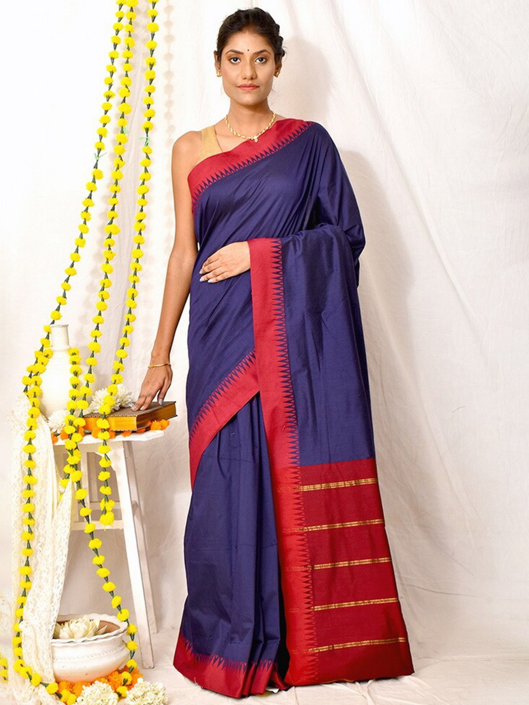 

AllSilks Zari Bordered Silk Cotton Saree, Blue
