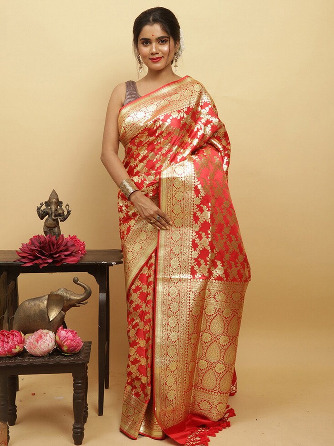 

AllSilks Floral Woven Design Zari Pure Silk Banarasi Saree, Red