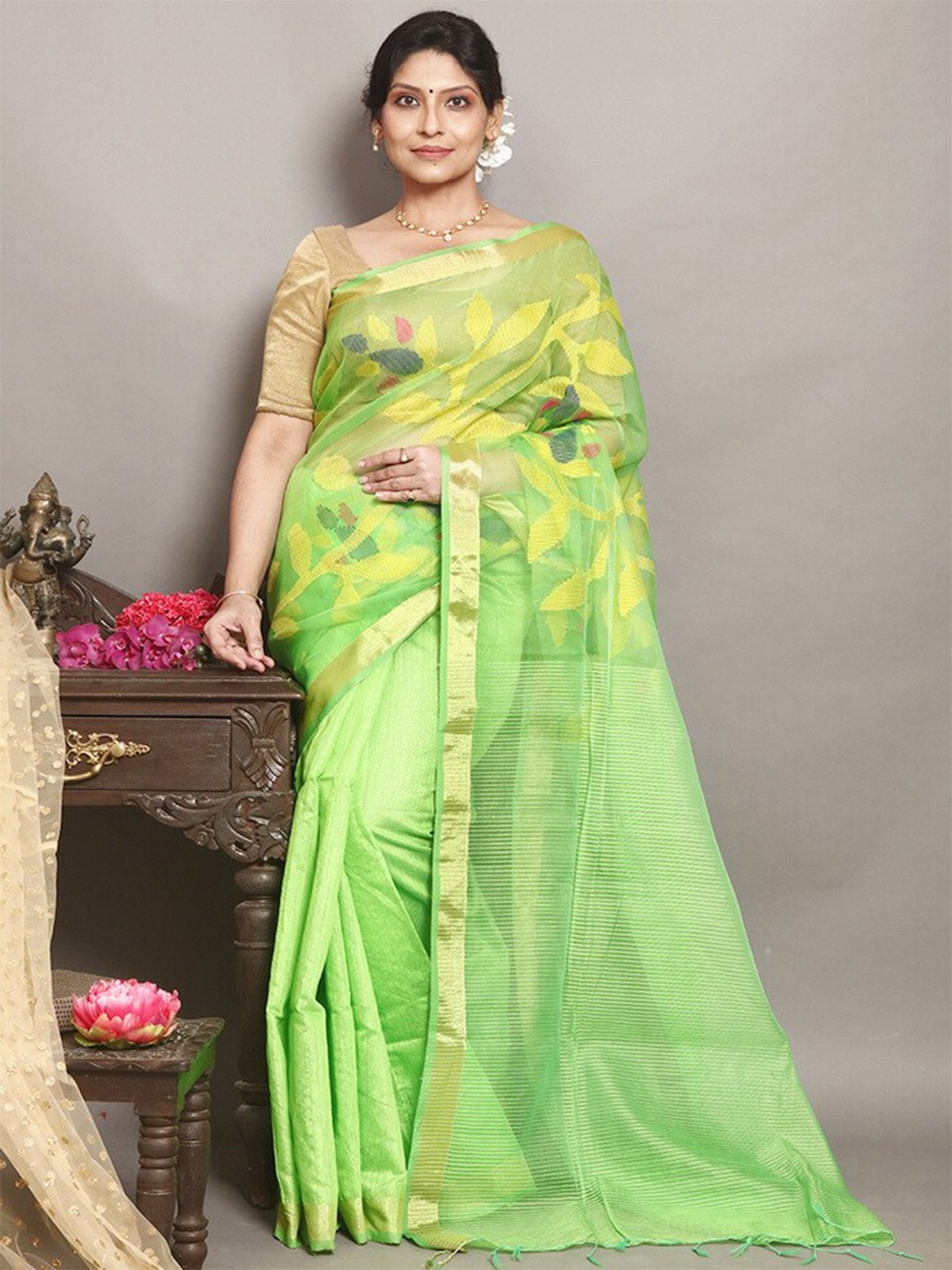 

AllSilks Floral Woven Design Zari Pure Silk Saree, Green