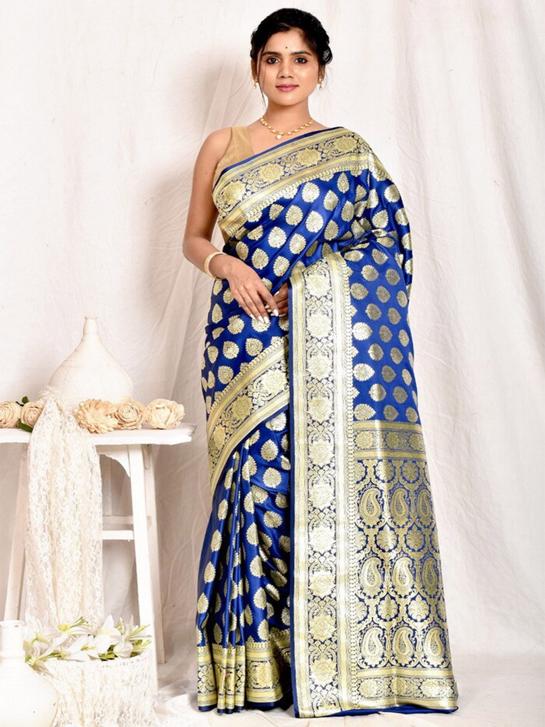 

AllSilks Ethnic Motif Zari Pure Silk Banarasi Saree, Blue