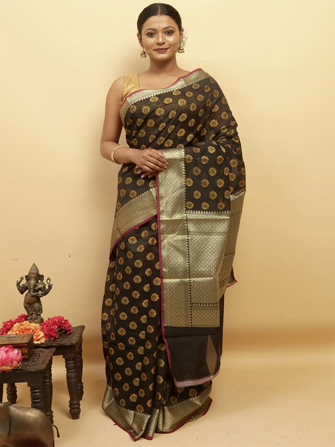 

AllSilks Floral Woven Design Zari Pure Silk Saree, Black