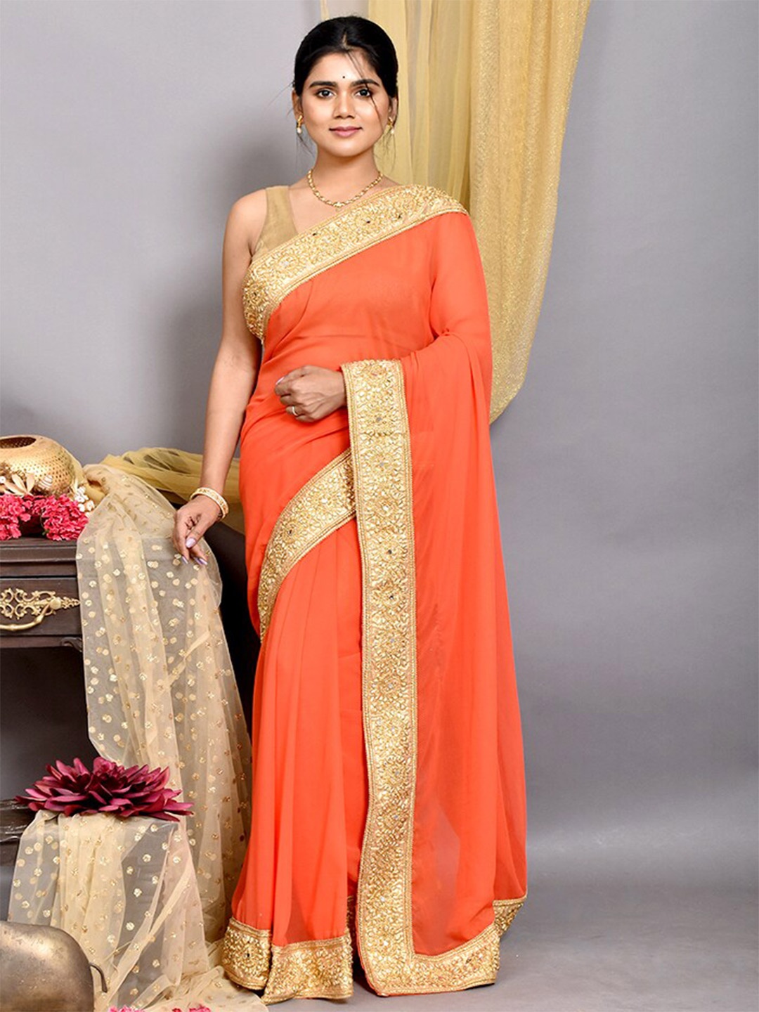 

AllSilks Embroidered Border Saree, Orange