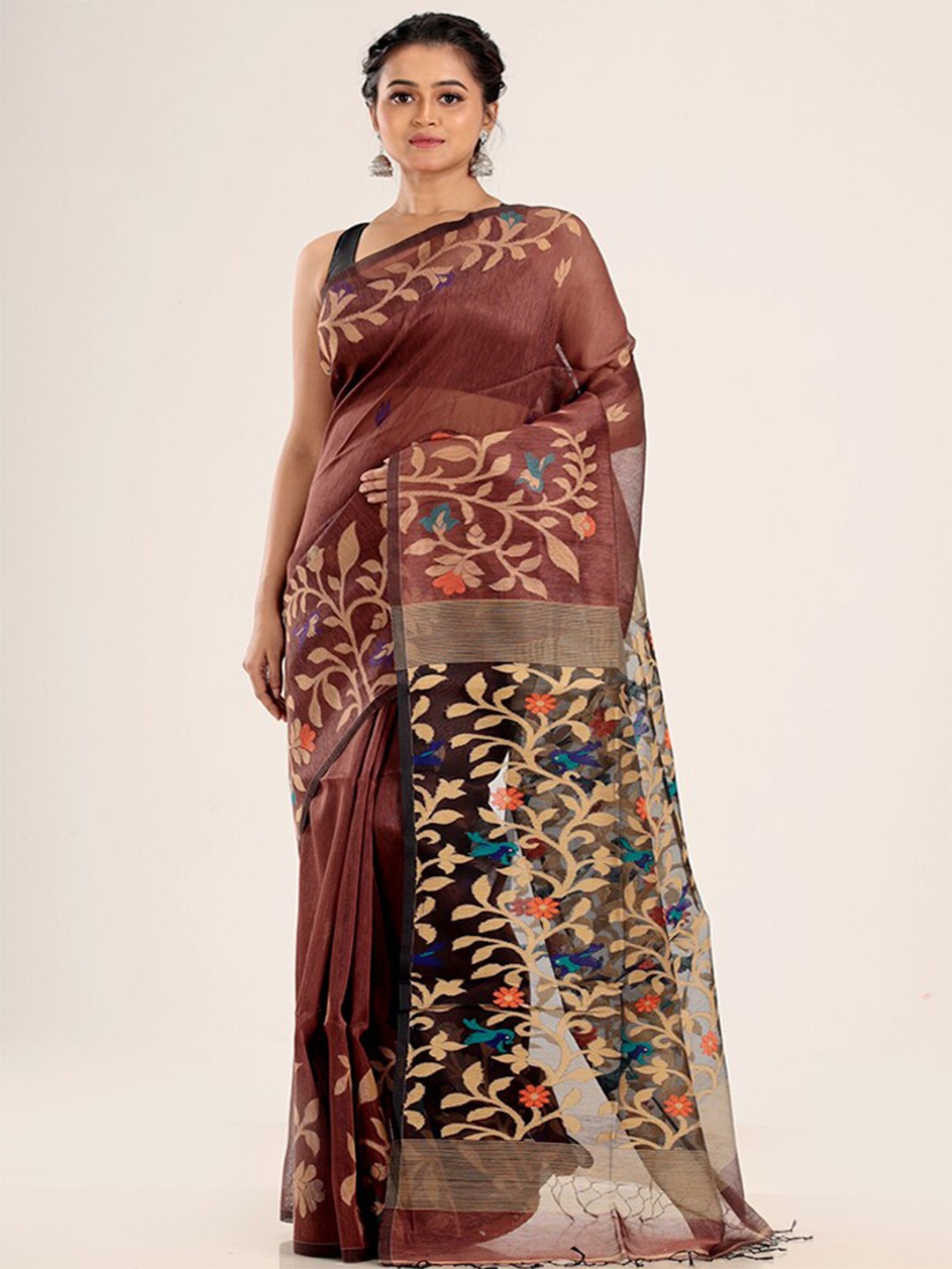 

AllSilks Floral Woven Design Pure Silk Saree, Brown