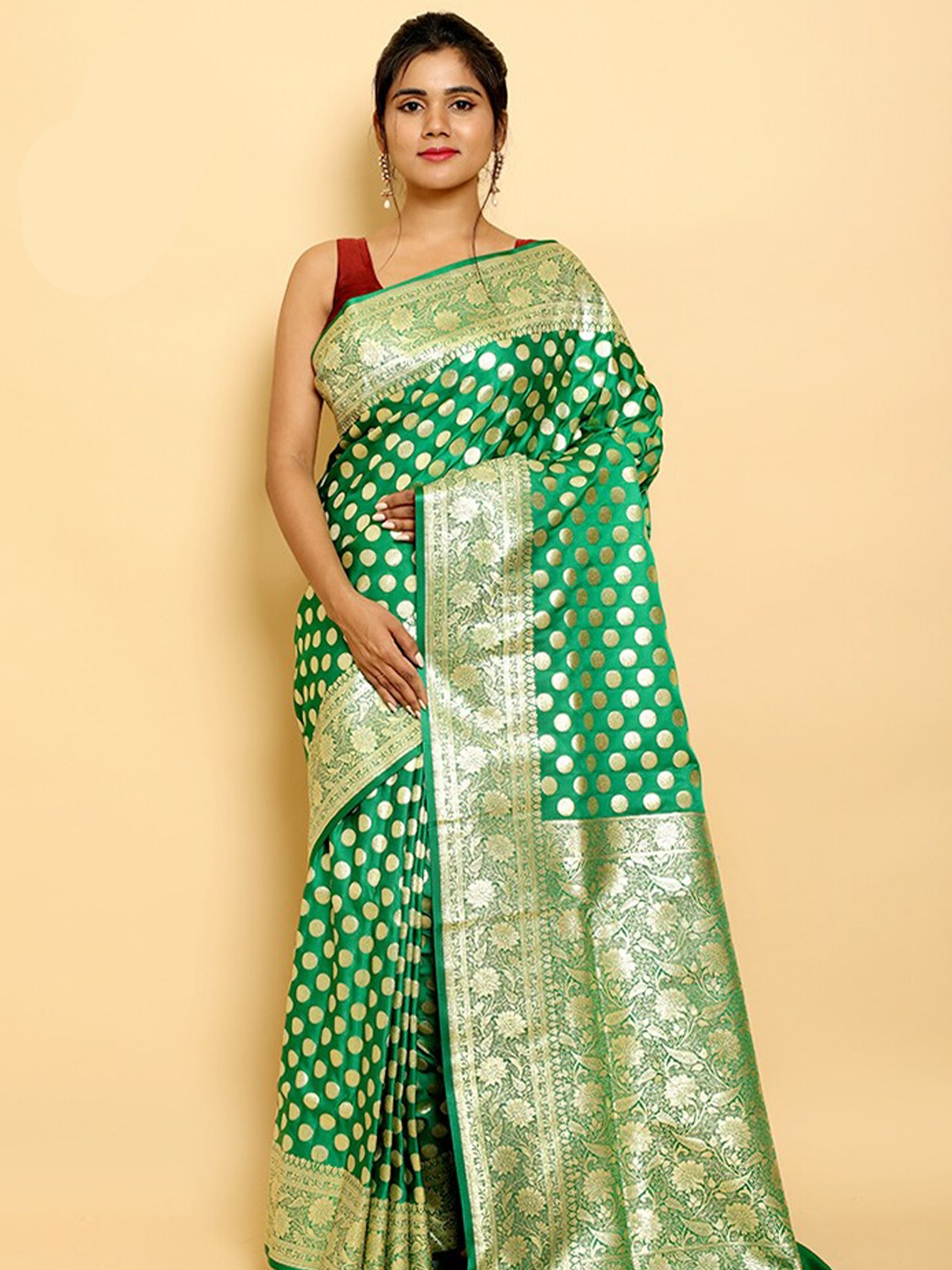 

AllSilks Polka Dots Woven Design Zari Pure Silk Banarasi Saree, Green