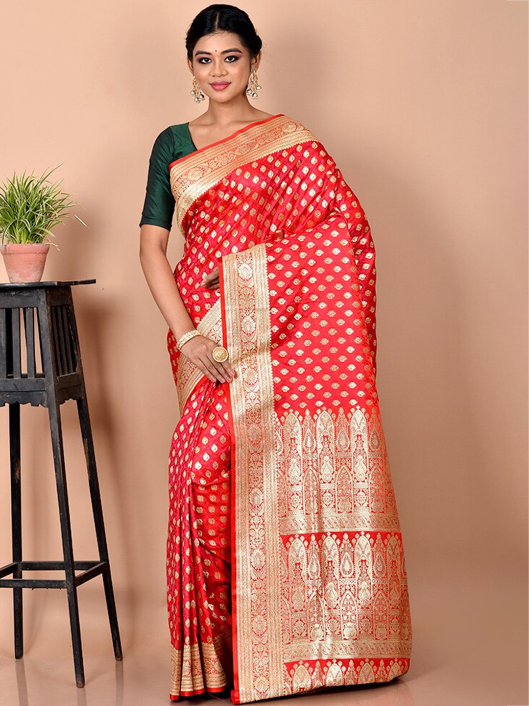 

AllSilks Ethnic Motif Woven Design Zari Pure Silk Banarasi Saree, Red