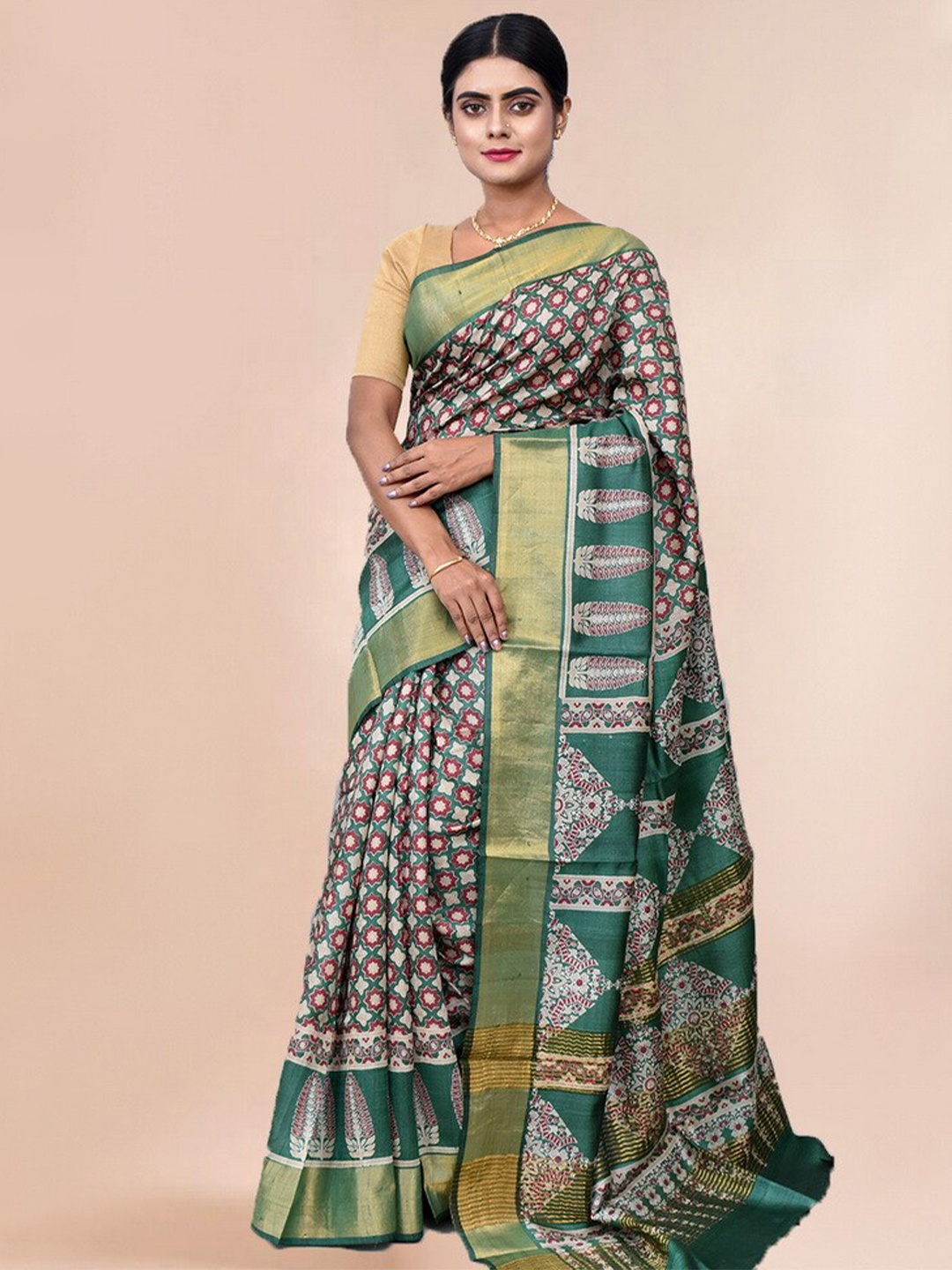 

AllSilks Ethnic Motifs Printed Zari Pure Silk Tussar Saree, Green