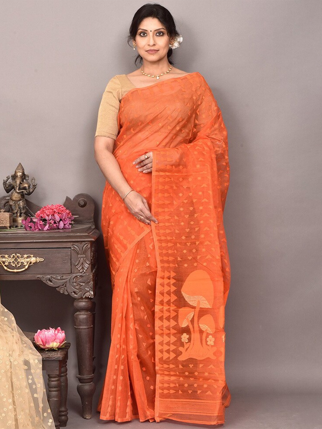 

AllSilks Woven Design Pure Silk Taant Saree, Orange