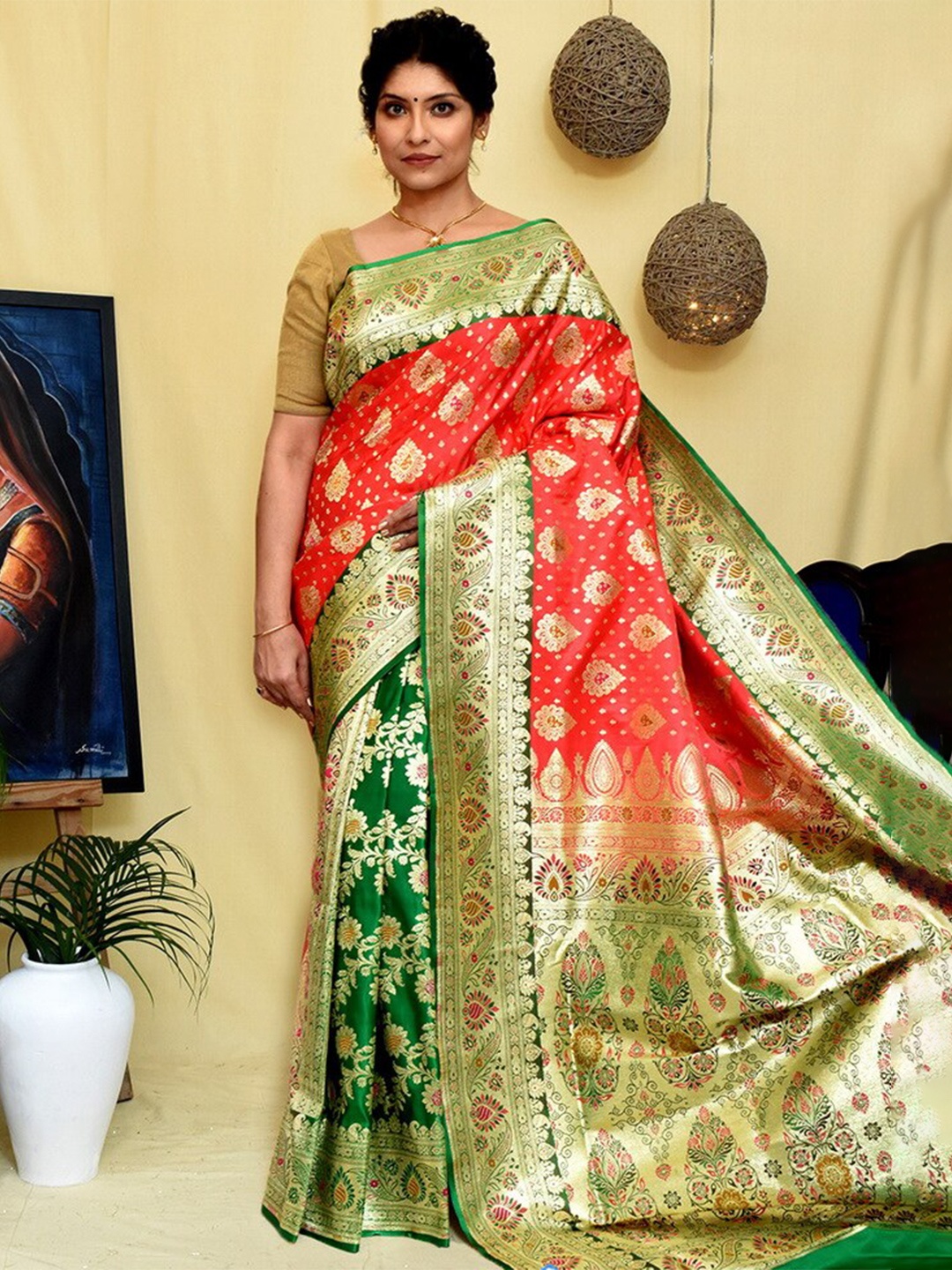 

AllSilks Ethnic Motif Woven Design Zari Pure Silk Banarasi Saree, Red