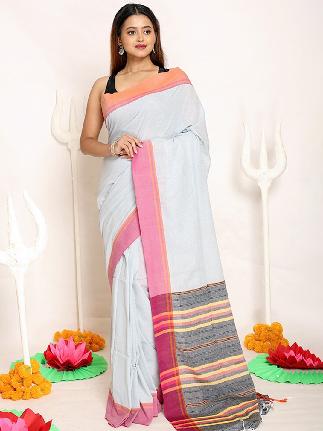 

AllSilks Pure Silk Saree With Contrast Border, Blue