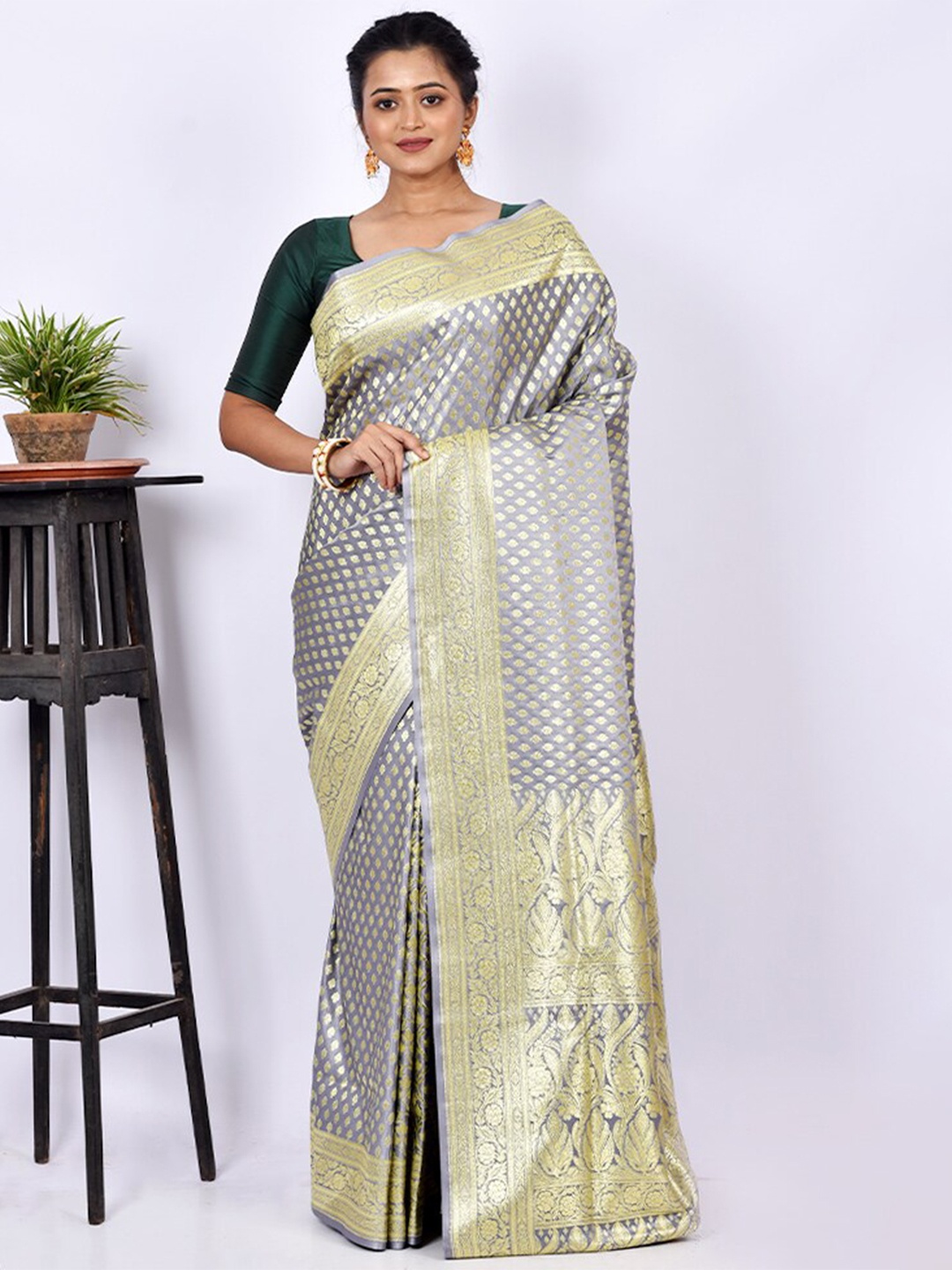 

AllSilks Ethnic Woven Design Zari Pure Silk Banarasi Saree, Grey