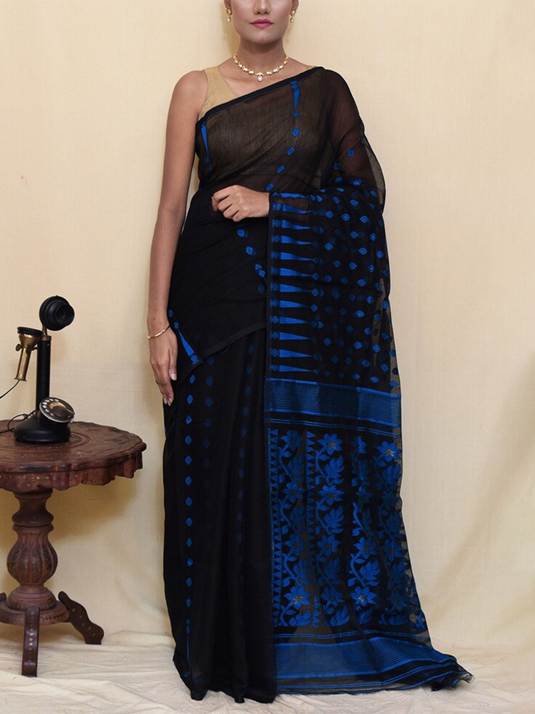 

AllSilks Floral Woven Design Pure Silk Taant Saree, Black