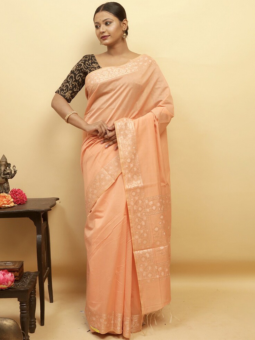 

AllSilks Zari Pure Silk Saree, Peach