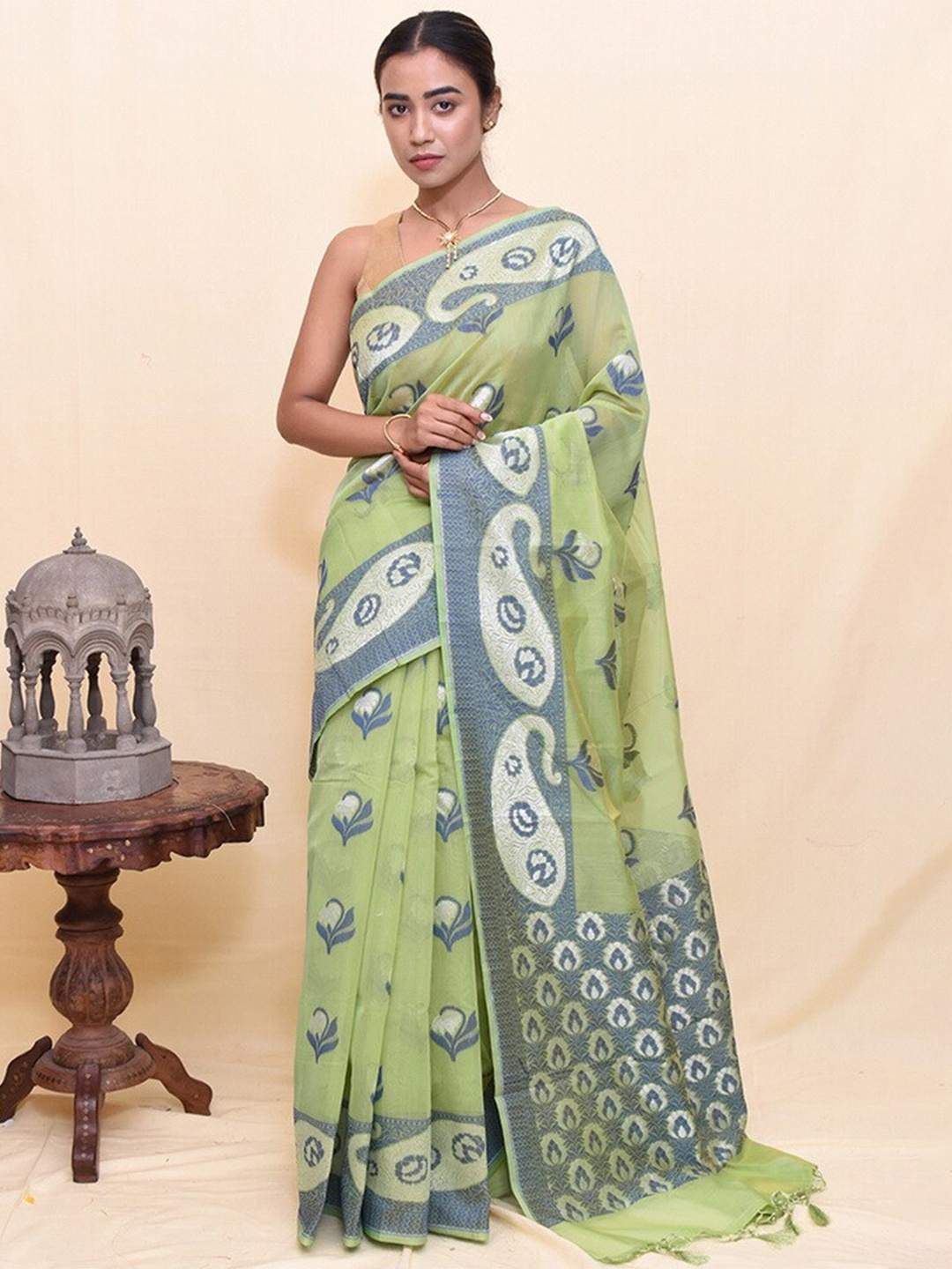 

AllSilks Floral Woven Design Pure Silk Saree, Green