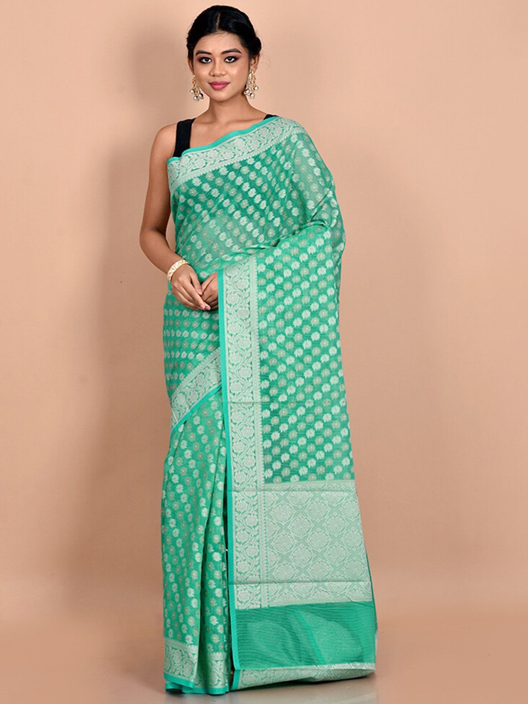 

AllSilks Foral Woven Design Zari Pure Silk Saree, Green