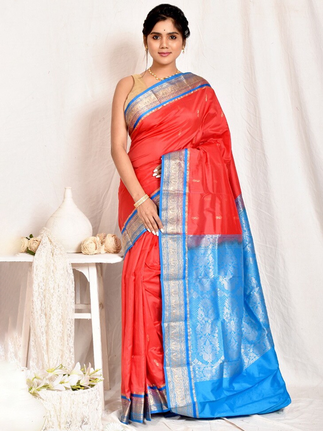 

AllSilks Ethnic Woven Design Zari Pure Silk Kanjeevaram Saree, Red