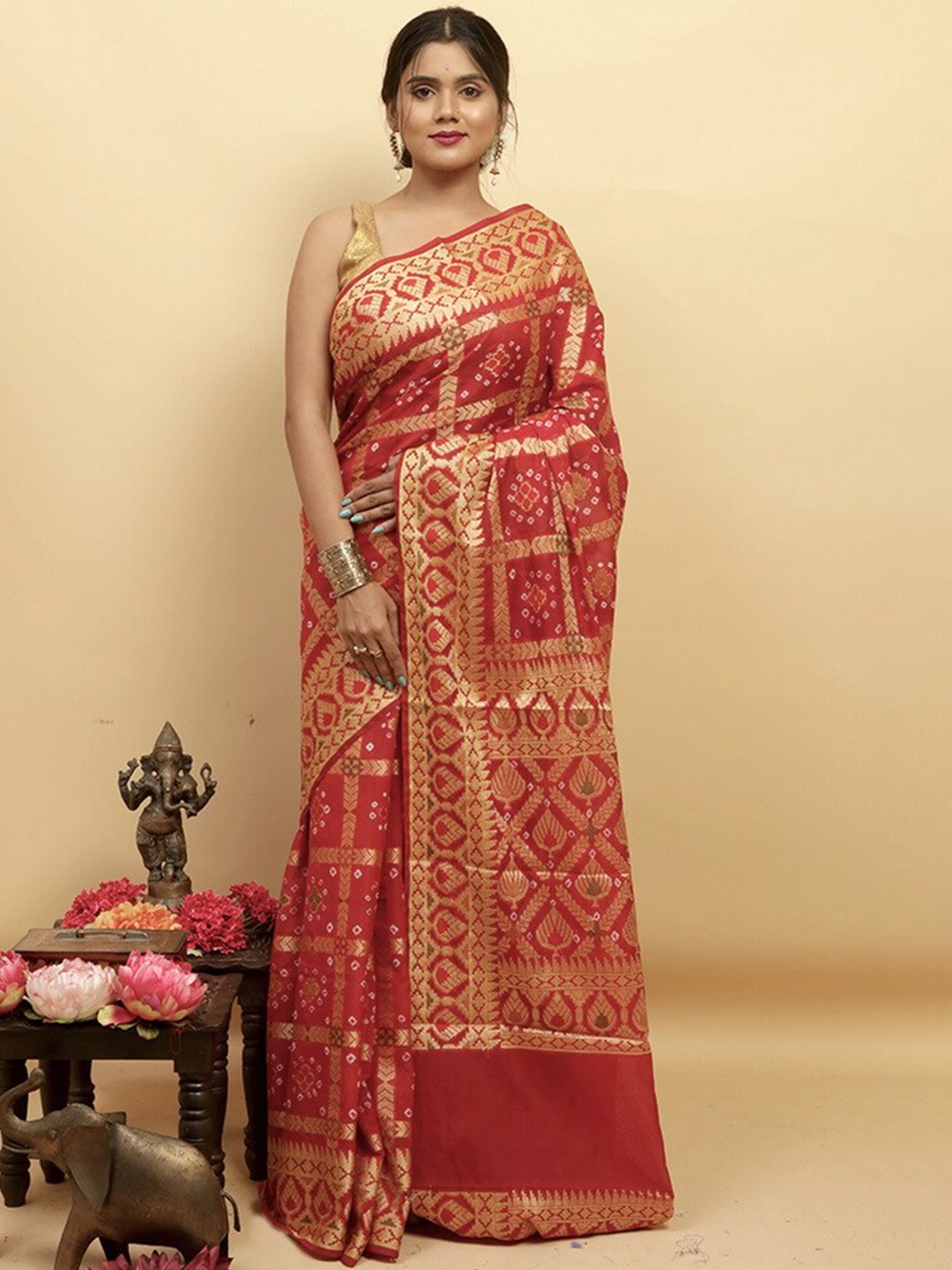 

AllSilks Ethnic Motifs Woven Design Zari Pure Silk Saree, Red