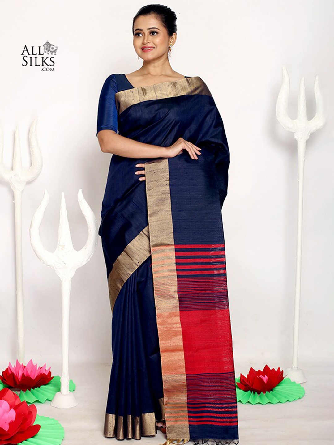 

AllSilks Zari Pure Silk Saree, Navy blue