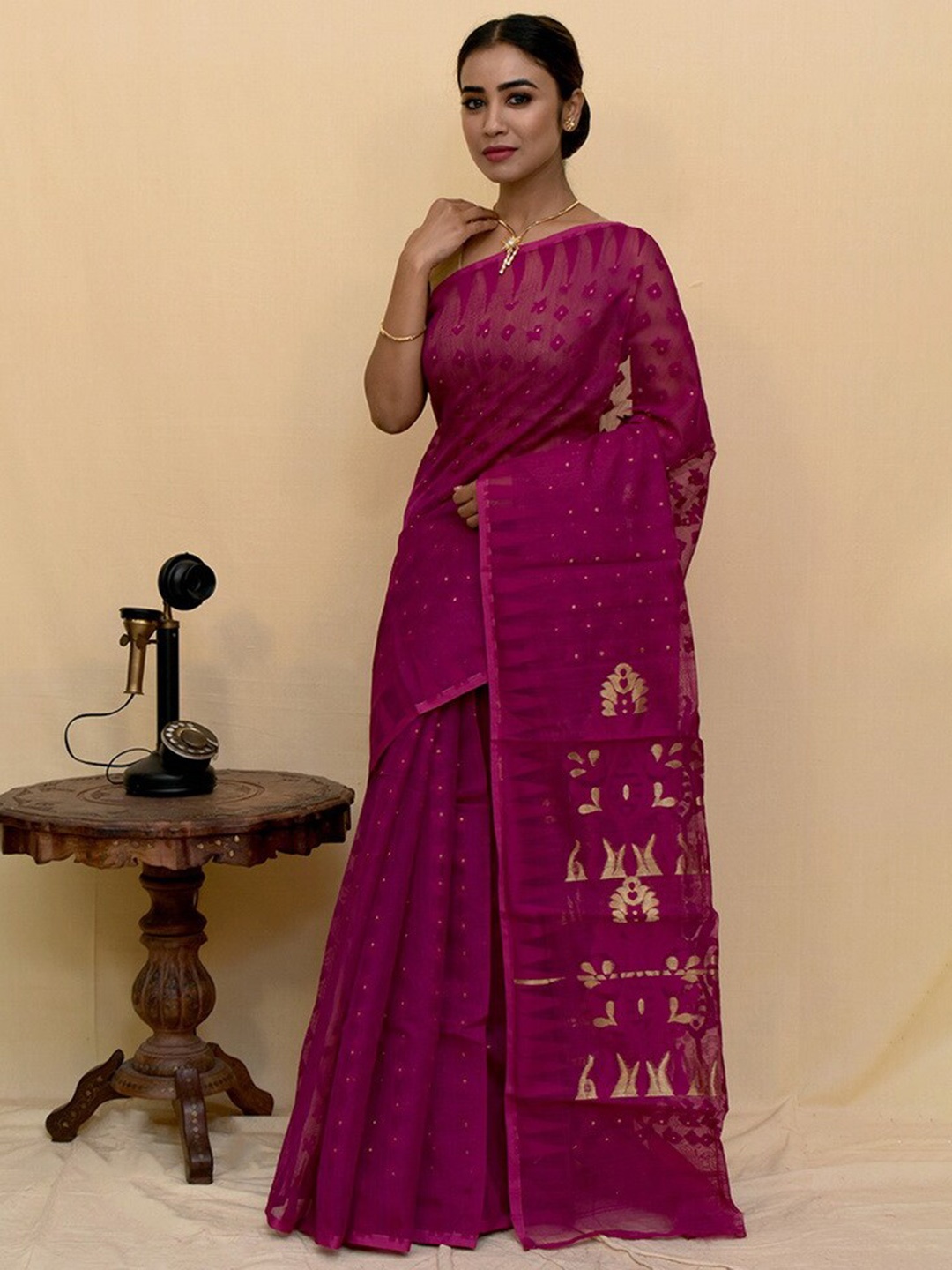 

AllSilks Ethnic Motif Woven Design Pure Silk Taant Saree, Magenta