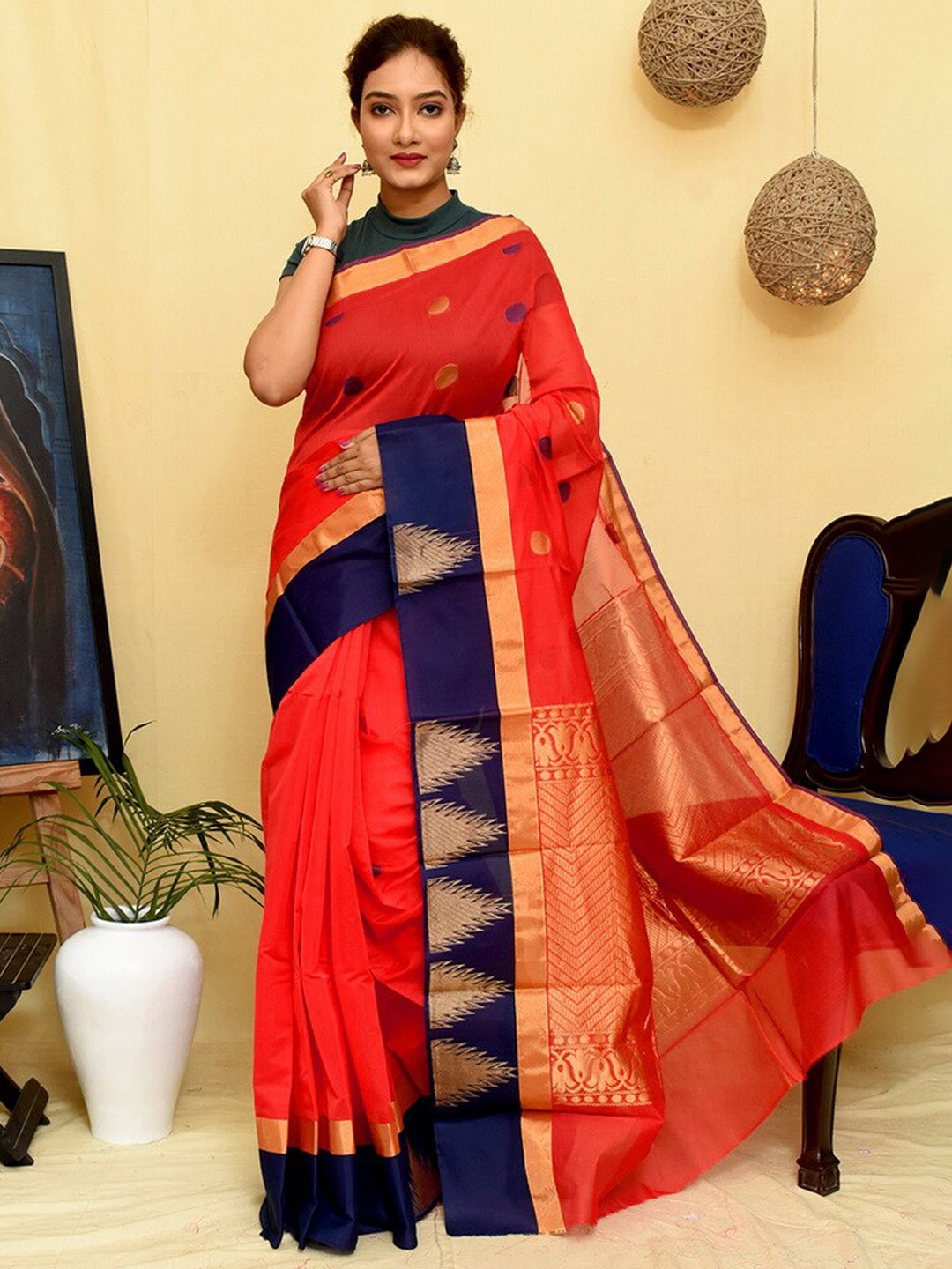 

AllSilks Polka Dots Woven Design Zari Silk Cotton Saree, Red