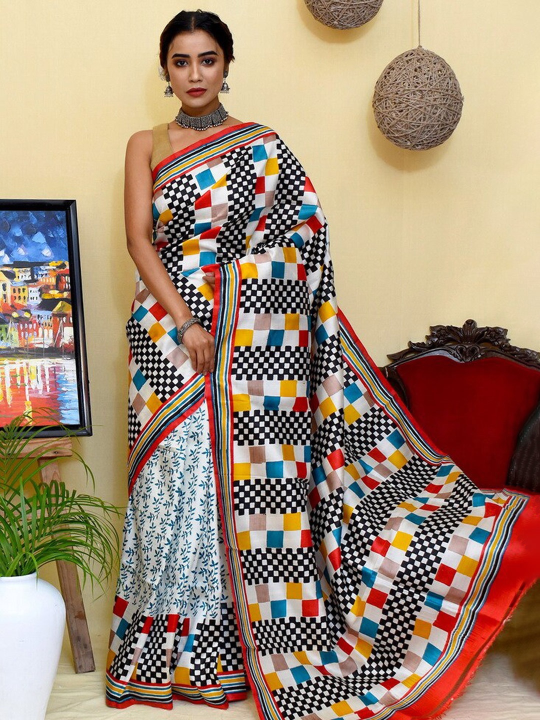 

AllSilks Geometric Printed Pure Silk Saree, White