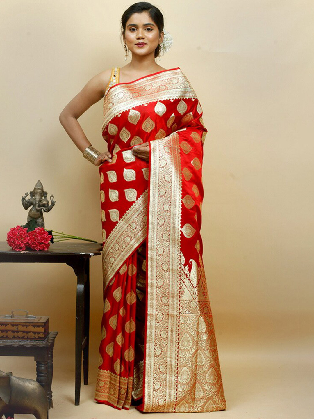 

AllSilks Ethinic Woven Design Zari Pure Silk Banarasi Saree, Red