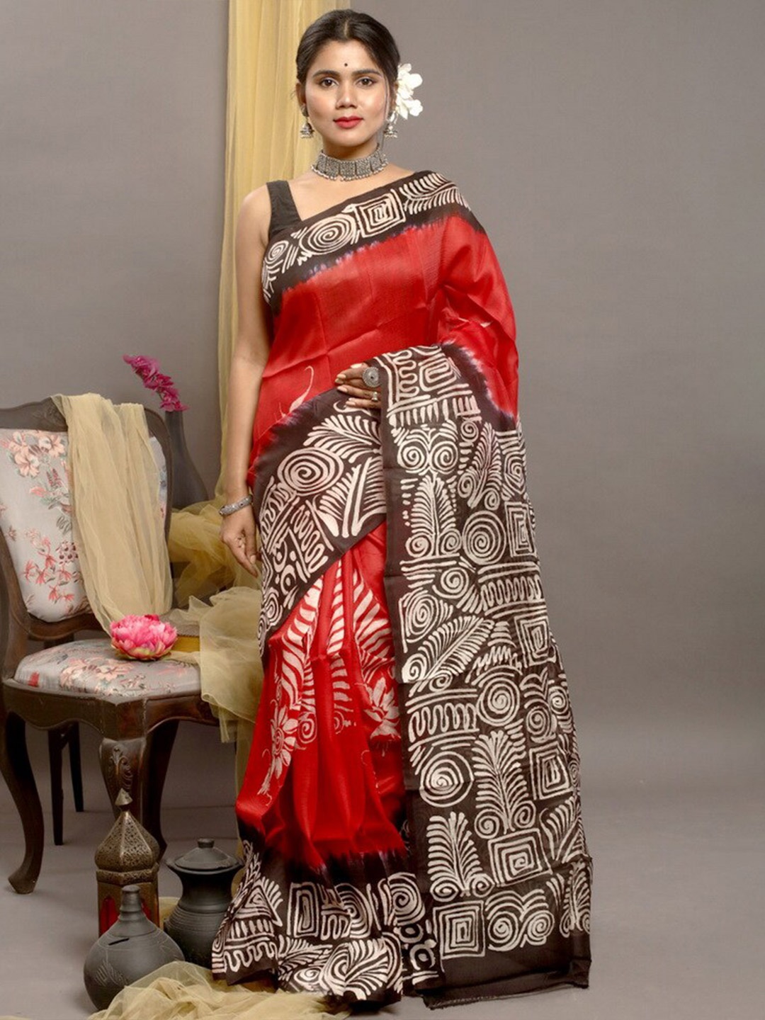 

AllSilks Ethnic Printed Pure Silk Saree, Red