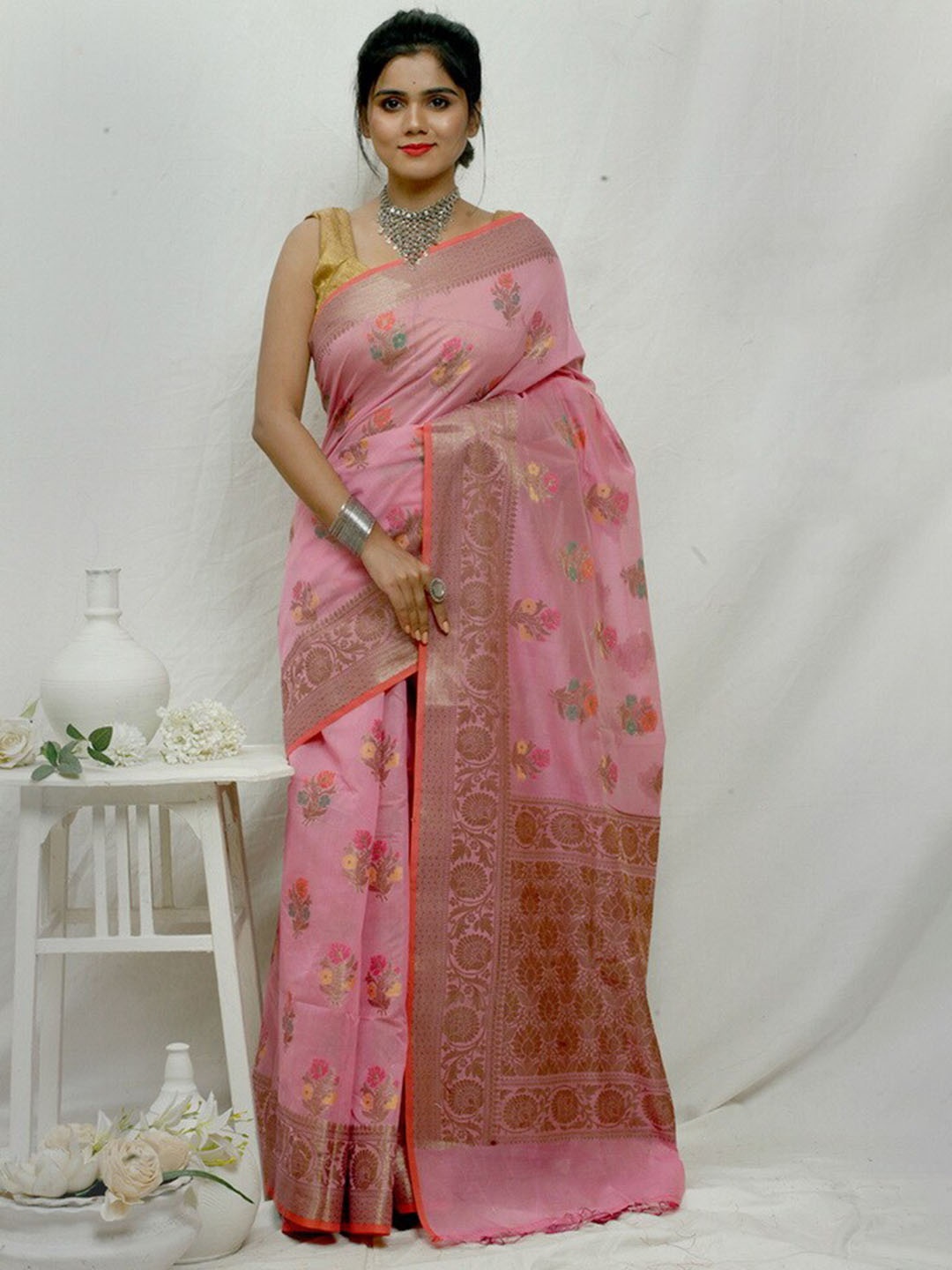 

AllSilks Floral Motif Woven Design Zari Pure Silk Saree, Pink