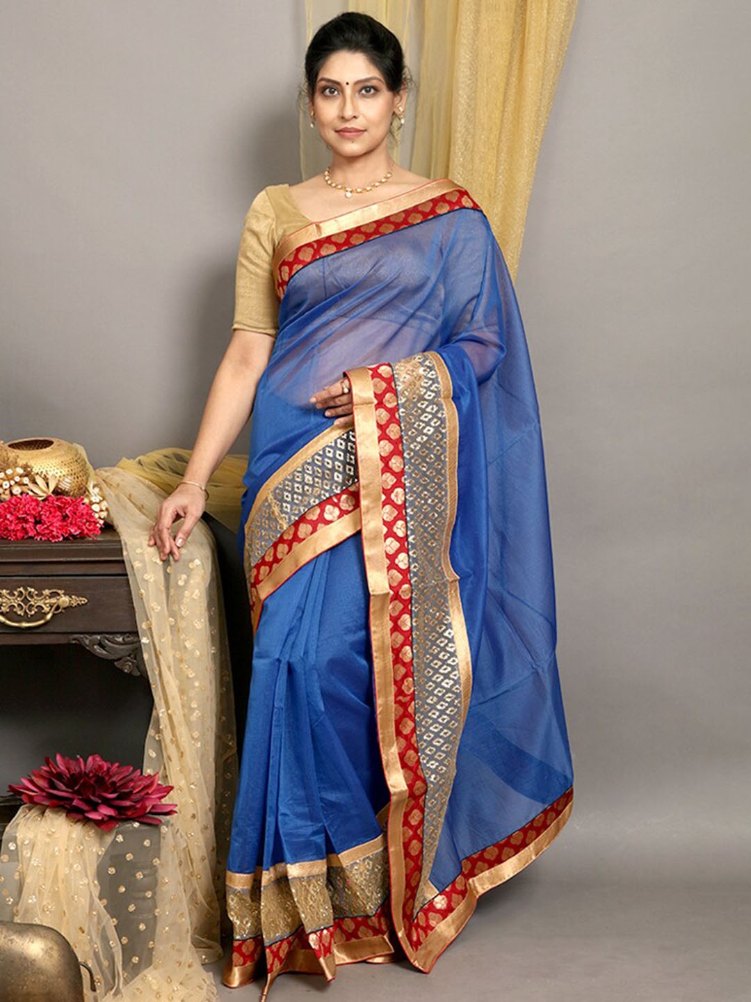 

AllSilks Woven Design Border Zari Pure Cotton Saree, Blue