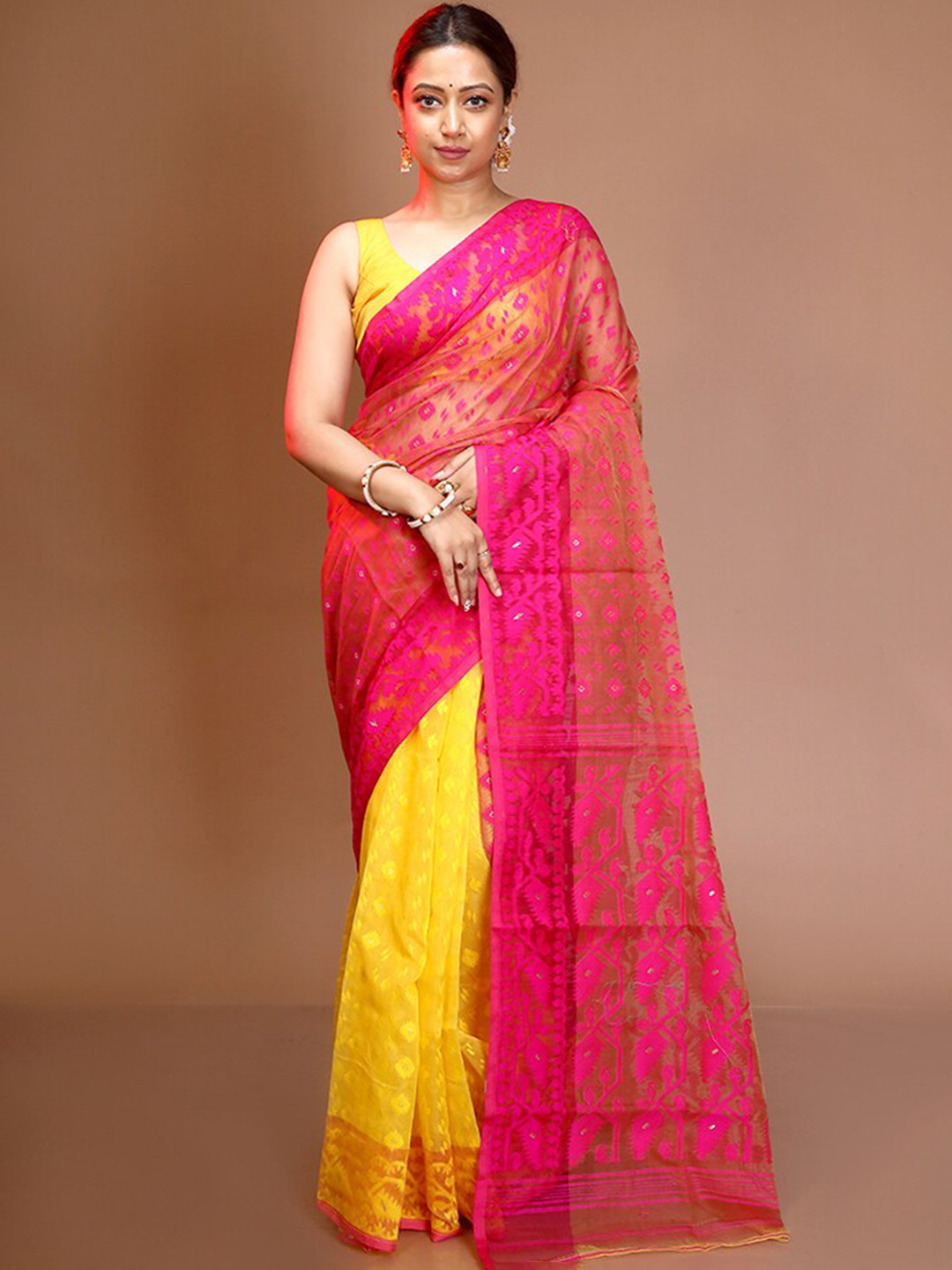 

AllSilks Ethnic Woven Design Pure Silk Taant Saree, Yellow
