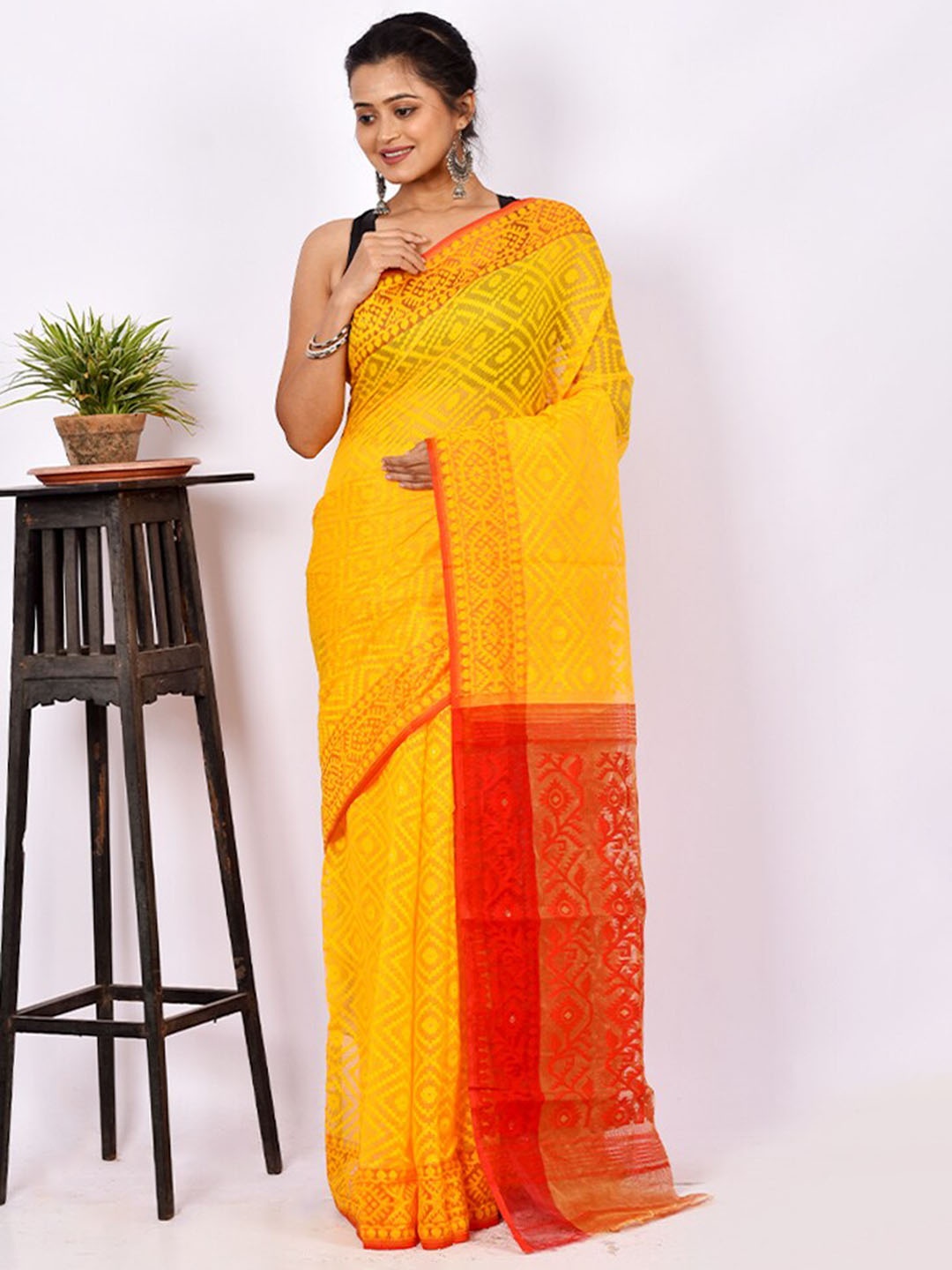 

AllSilks Woven Design Pure Silk Taant Saree, Yellow
