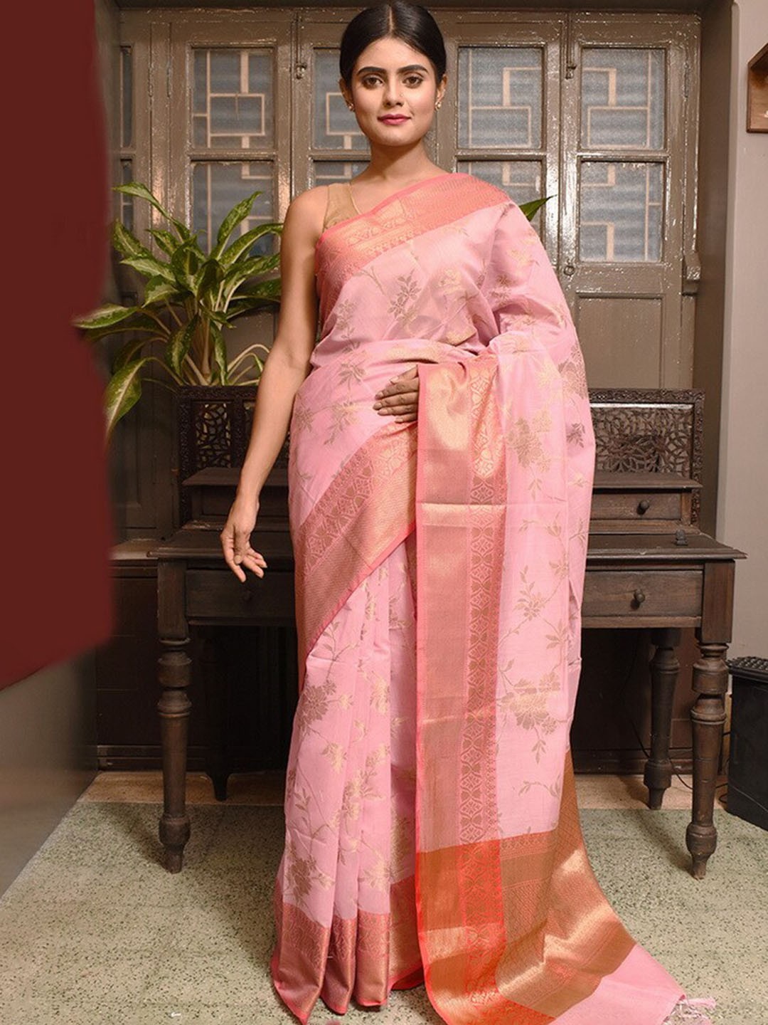 

AllSilks Ethnic Motif Woven Design Zari Pure Silk Saree, Pink