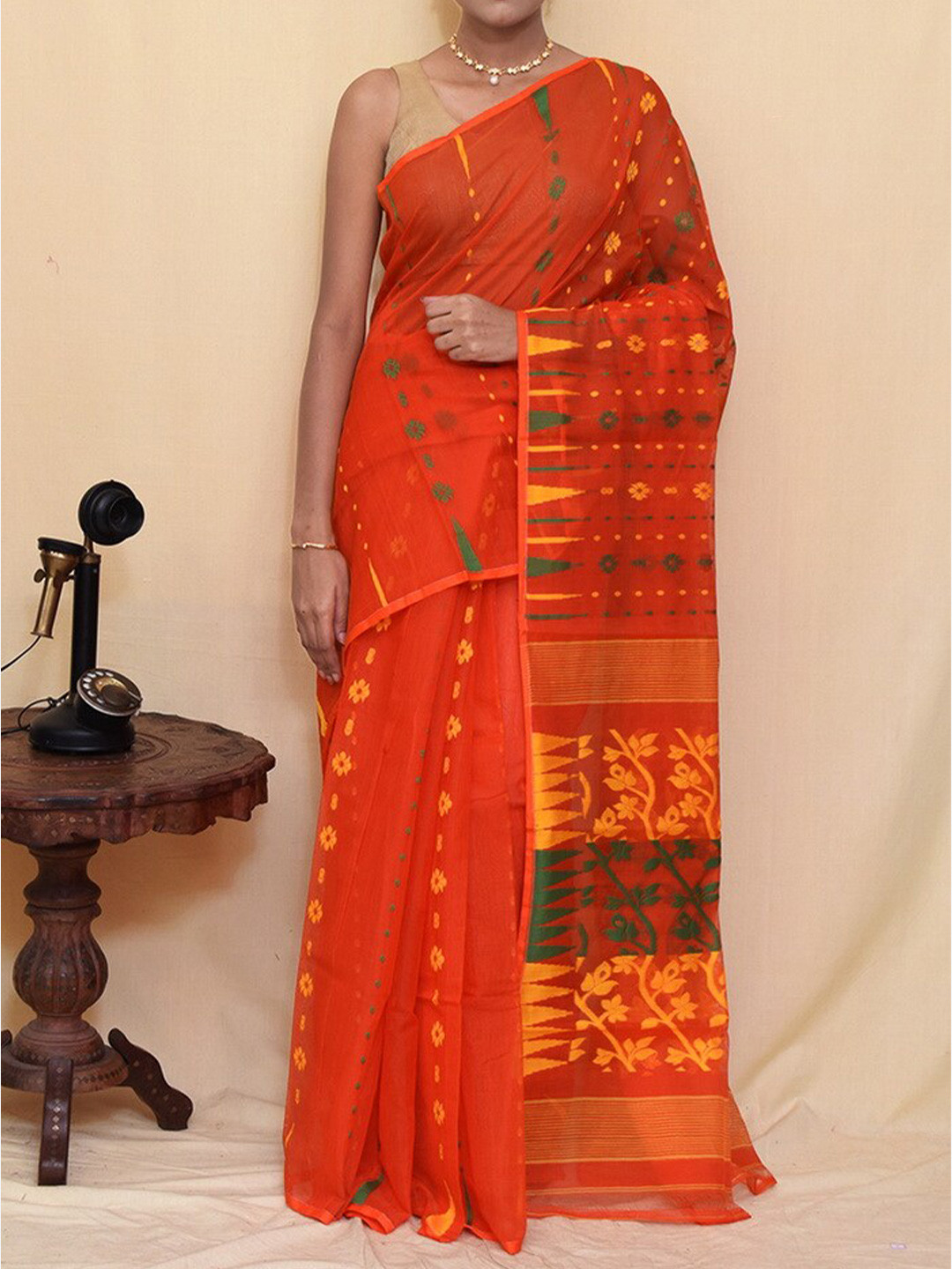 

AllSilks Floral Woven Pure Silk Taant Saree, Rust