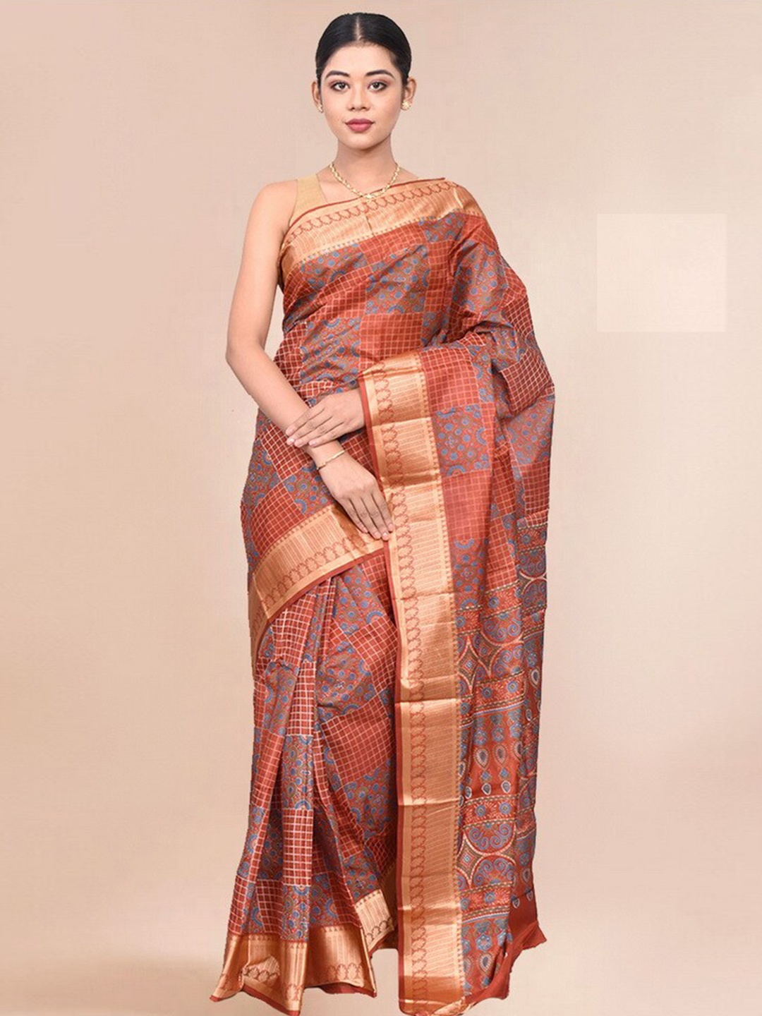 

AllSilks Checked Zari Pure Silk Saree, Orange