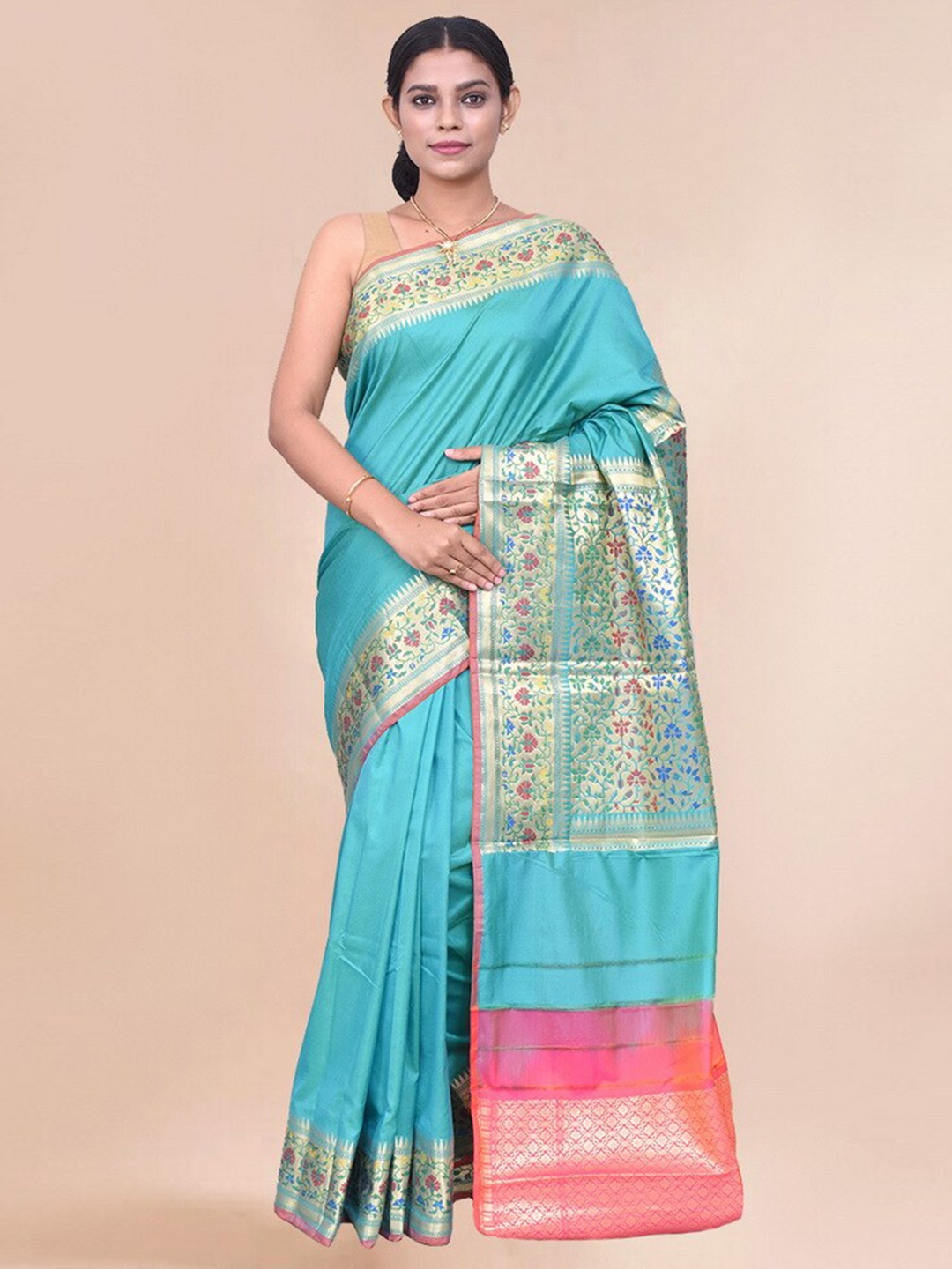 

AllSilks Floral motif Woven Design Zari Pure Silk Saree, Green
