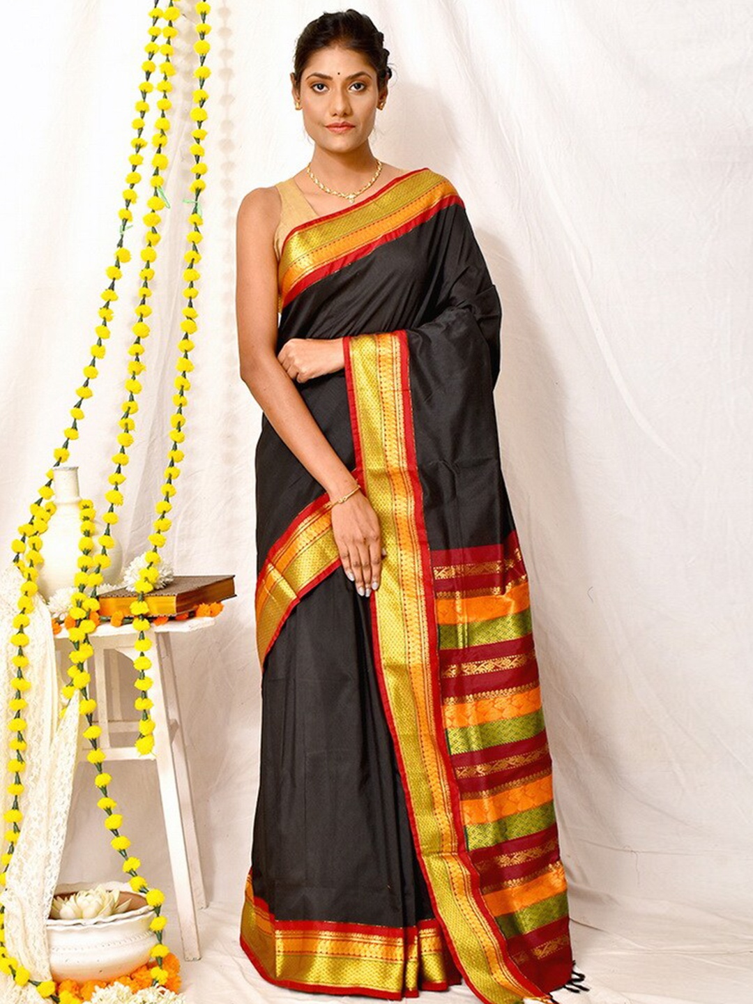 

AllSilks Zari Pure Silk Saree, Black