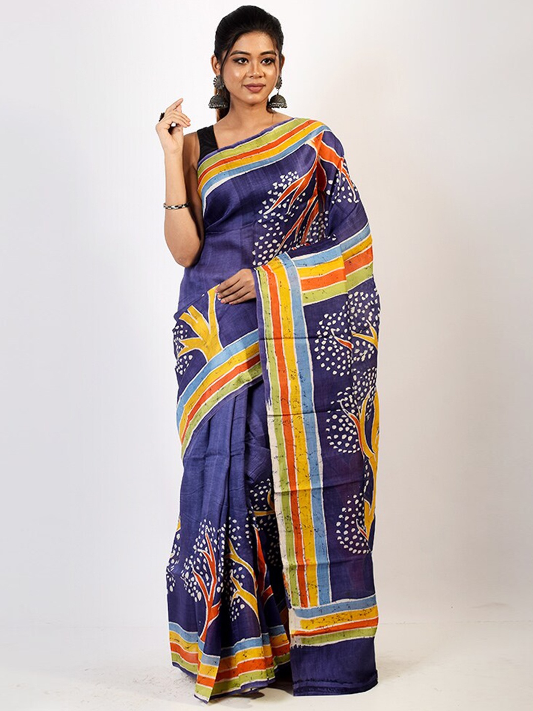 

AllSilks Ethnic Motifs Printed Zari Pure Silk Saree, Navy blue