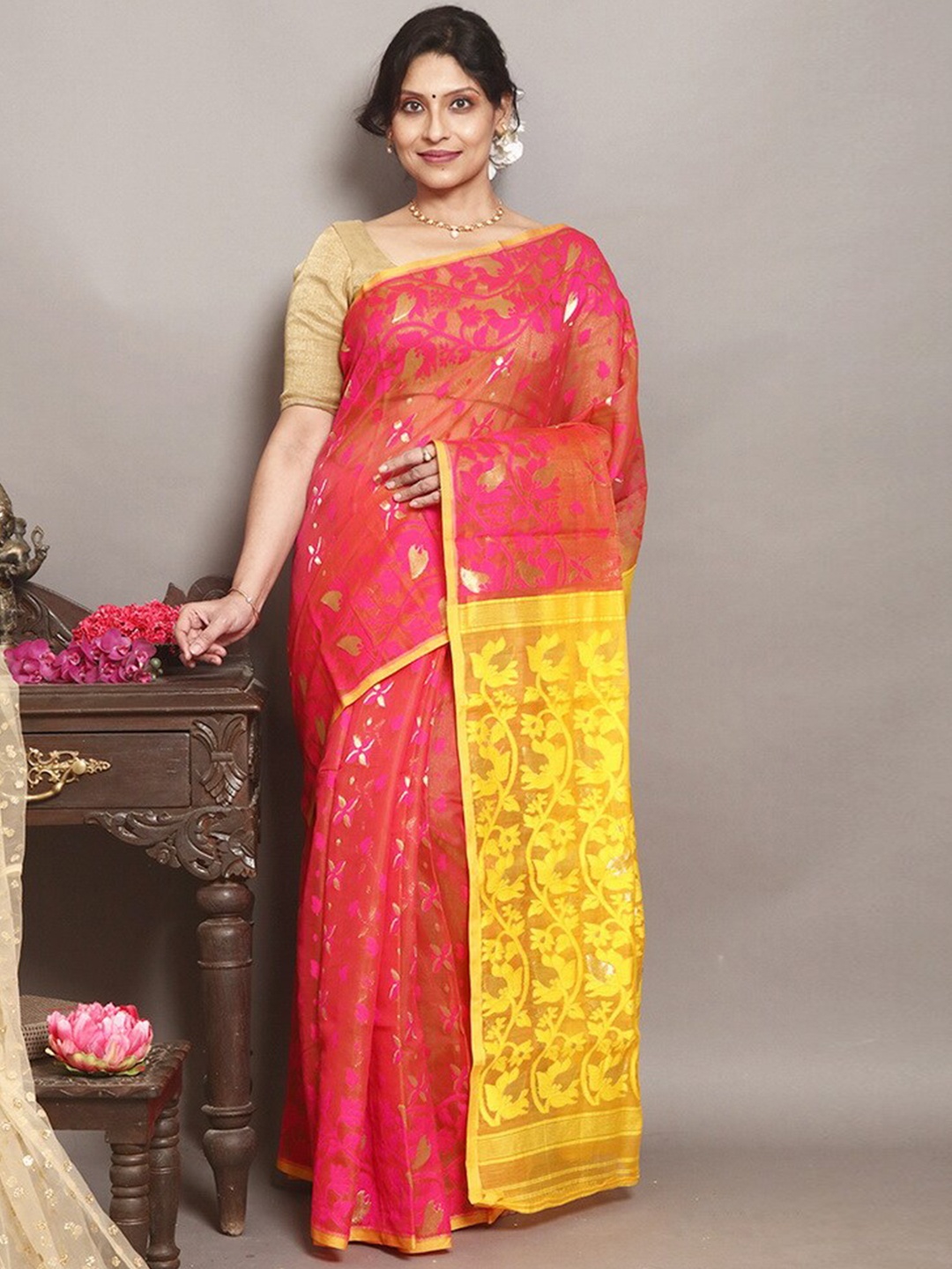 

AllSilks Ethnic Motif Woven Design Pure Silk Taant Saree, Pink