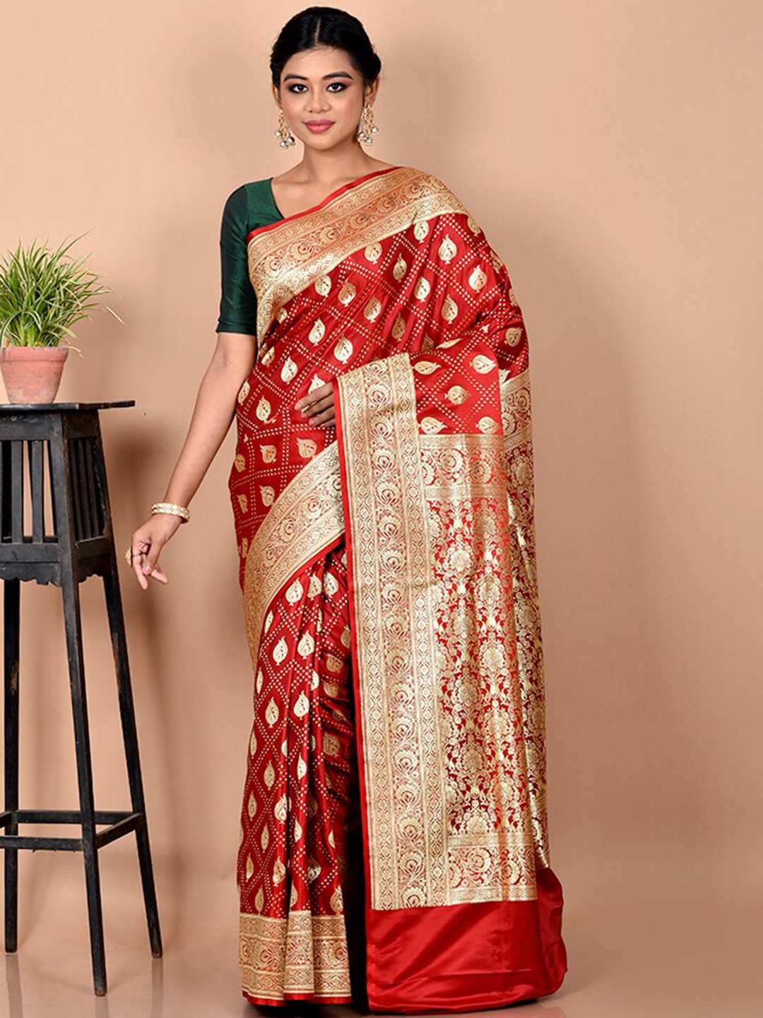 

AllSilks Ethnic Motifs Woven Design Zari Pure Silk Banarasi Saree, Red